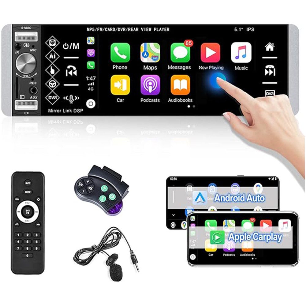 Hikity 1 DIN mit Apple Carplay Android Car 5,1 Zoll IPS Touchscreen