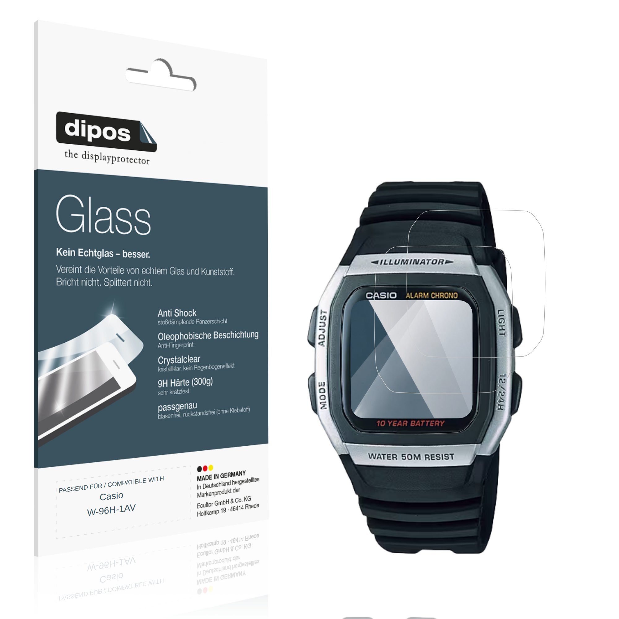 dipos Displayschutzfolie Schutzfolie für Casio W-96H-1AV, 2 Stück, Displayschutz Schutz Folie Made in Germany