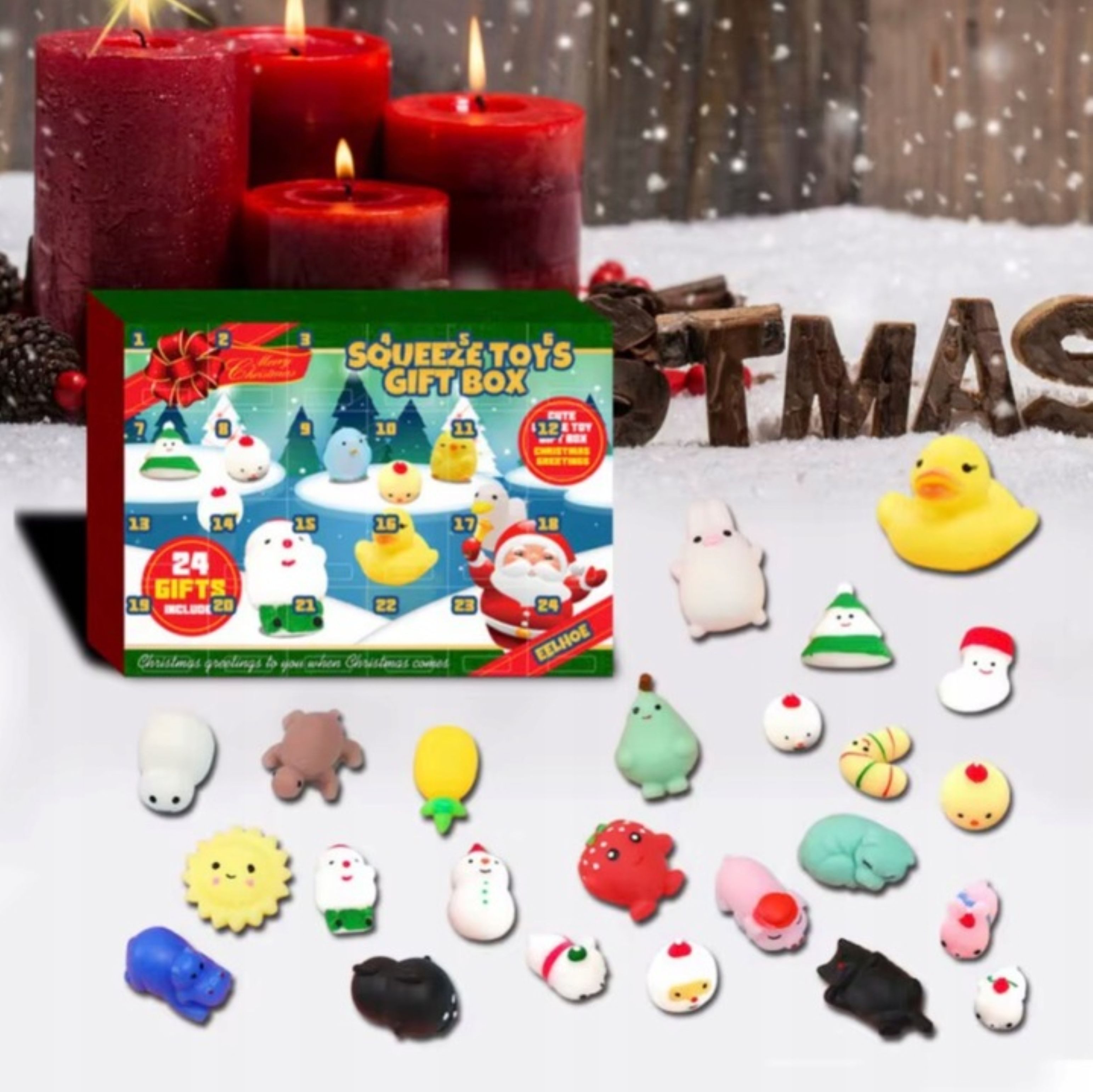 Festivalartikel Adventskalender Adventskalender mit Squishy Figuren – 24 Überraschungen für Kinder (1-tlg)