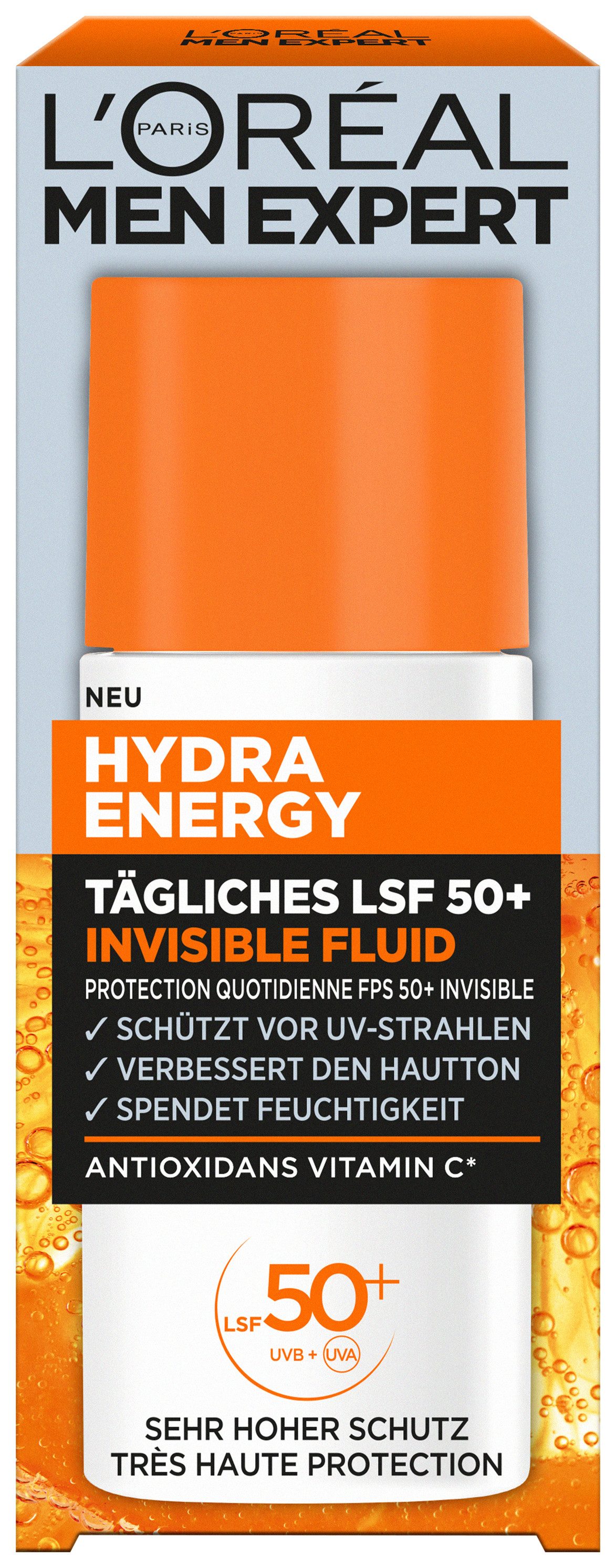 L'ORÉAL PARIS MEN EXPERT Gesichtsfluid HYDRA ENERGY TÄGLICHES LSF 50+ INVISIBLE FLUID, Beugt sonnenbedingte Hautalterung vor, fettet und klebt nicht.