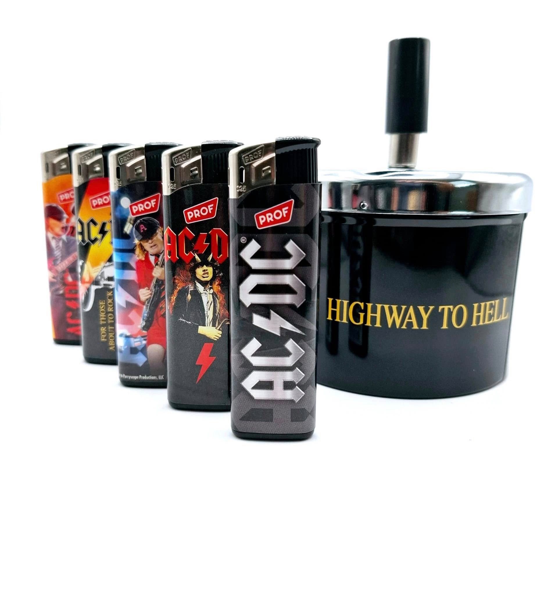 AC/DC Aschenbecher Drehascher, Windascher, Mehrwegfeuerzeuge im Set Highway to hell, indoor und outdoor geeignet
