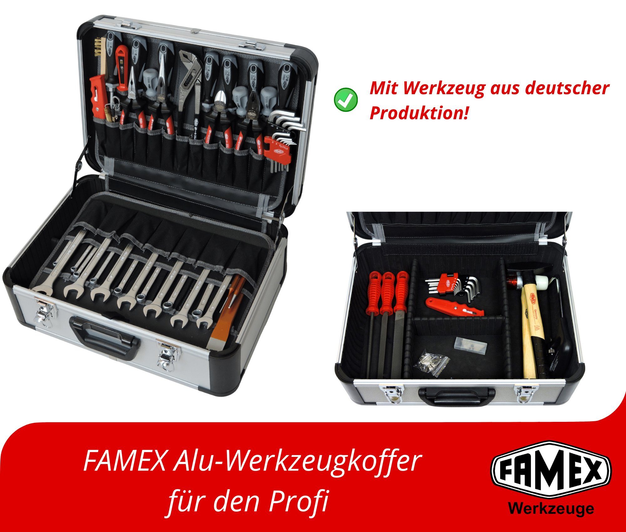 FAMEX Werkzeugset 420-88 Profi Alu Werkzeugkoffer mit Werkzeug Set - Werkzeugkiste gefüllt - TOP Qualität, (Werkzeugkoffer, 98-tlg), viele Werkzeuge aus deutscher Produktion