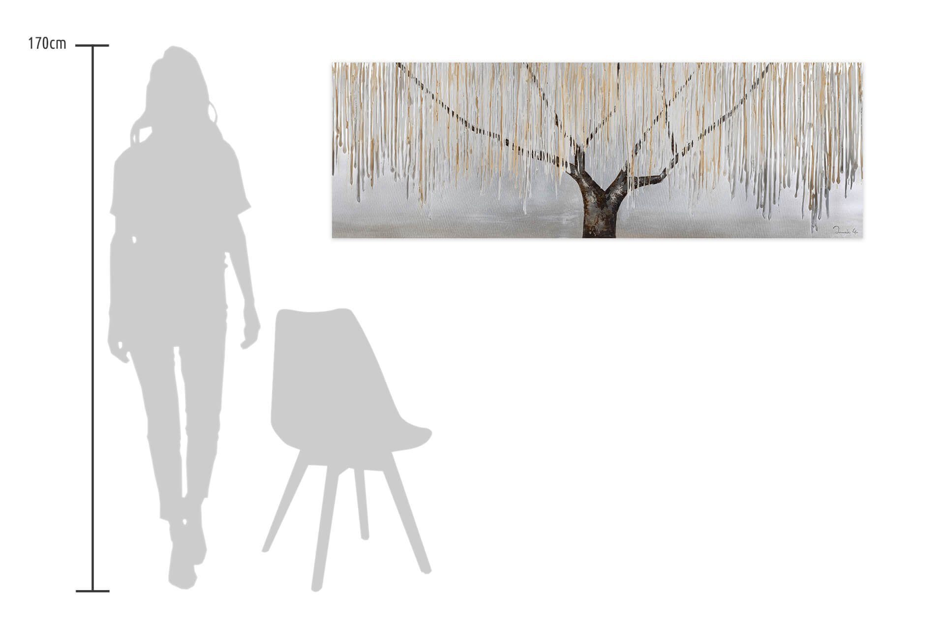 Leinwandbild Wohnzimmer 100% Wandbild Trauerweide HANDGEMALT cm, im Nebel Gemälde 150x50 KUNSTLOFT