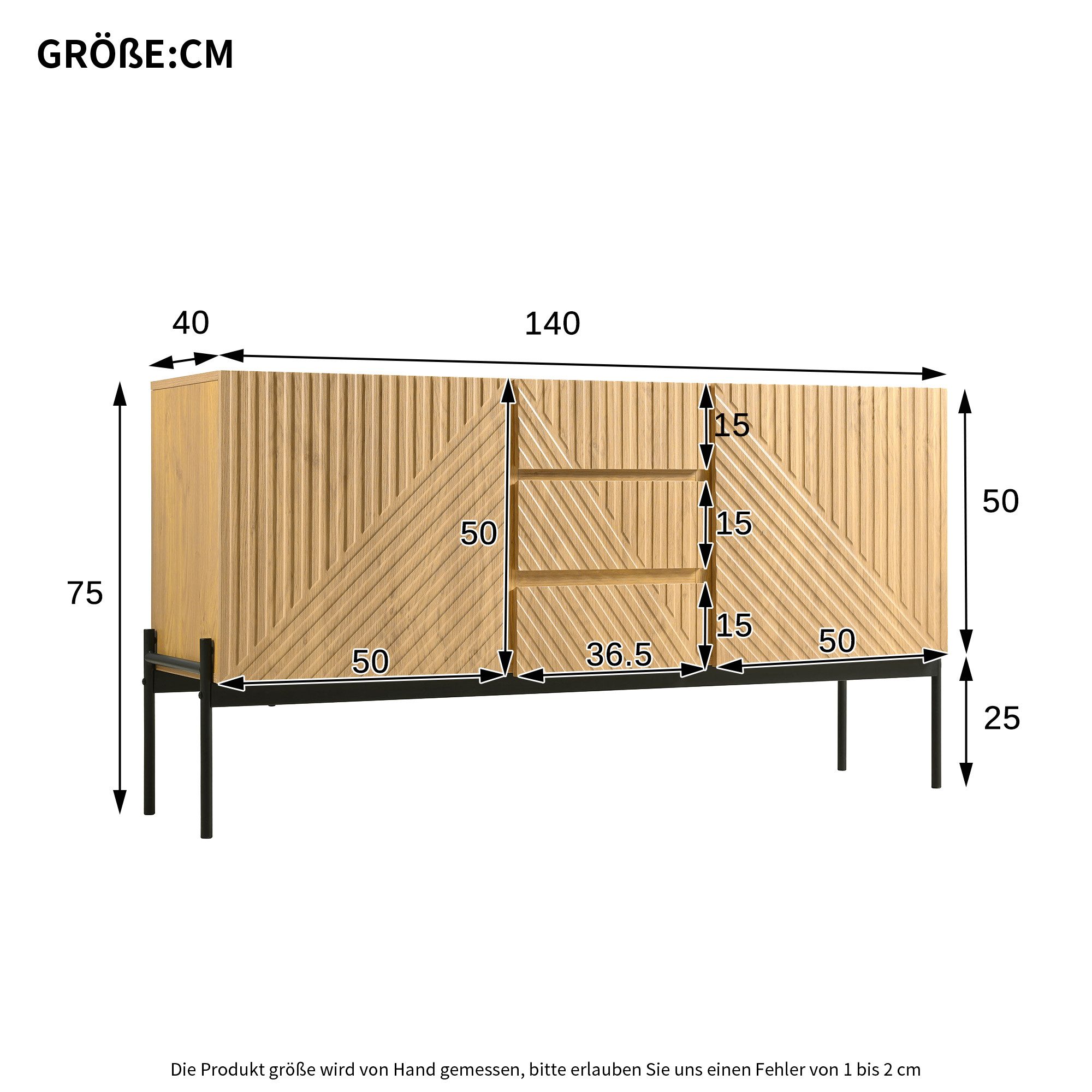 Flieks Kommode mit 3 Schubladen und 2 Türen (B140/T40/75 cm, 1 St., für Wohnzimmer, Schlafzimmer, Esszimmer, Flur), Sideboard mit verstellbare Einlegeböden Mehr – Bild 5 von 5