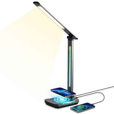 WILIT LED Tischleuchte Schreibtischlampe Dimmerbar Tischlampe mit RGB Gaming Ambient Lampe, LED fest integriert, Warmweiß, Kaltweiß, Nachttischlampe mit Kabelloser Ladefunktion und USB-Ladefunktion