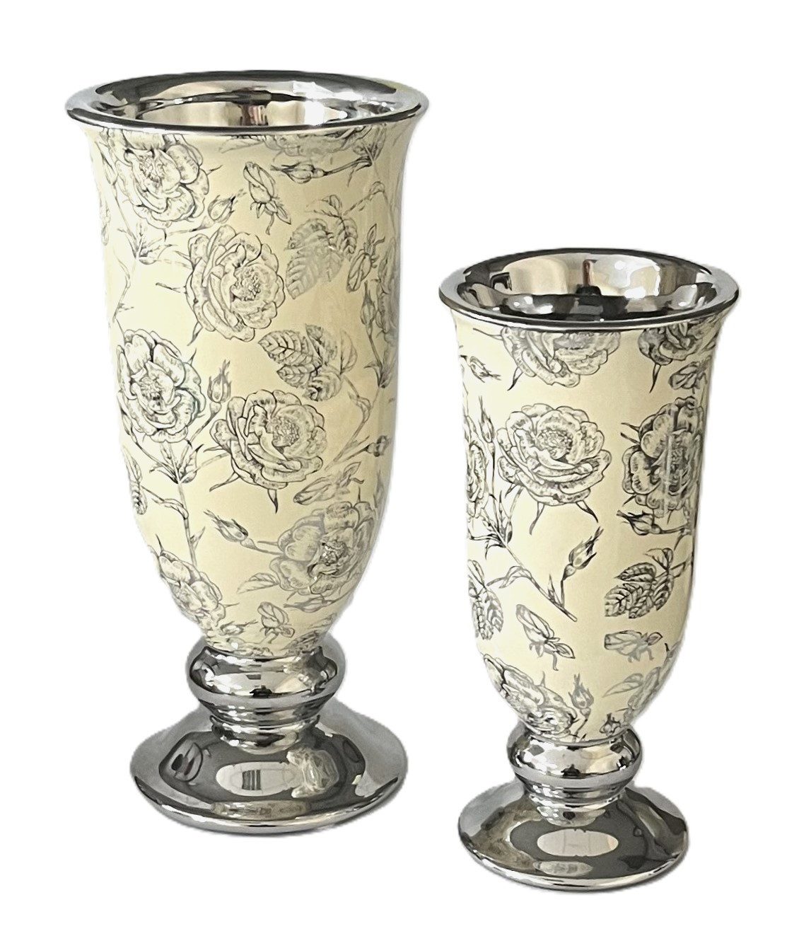 Exner GmbH Garten- & Wohnaccessoires Tischvase Vase Pokal Beige 2er Set Silber Keramik Barock Antik Stil 20 / 25 cm (2 St), Elfenbeinfarben