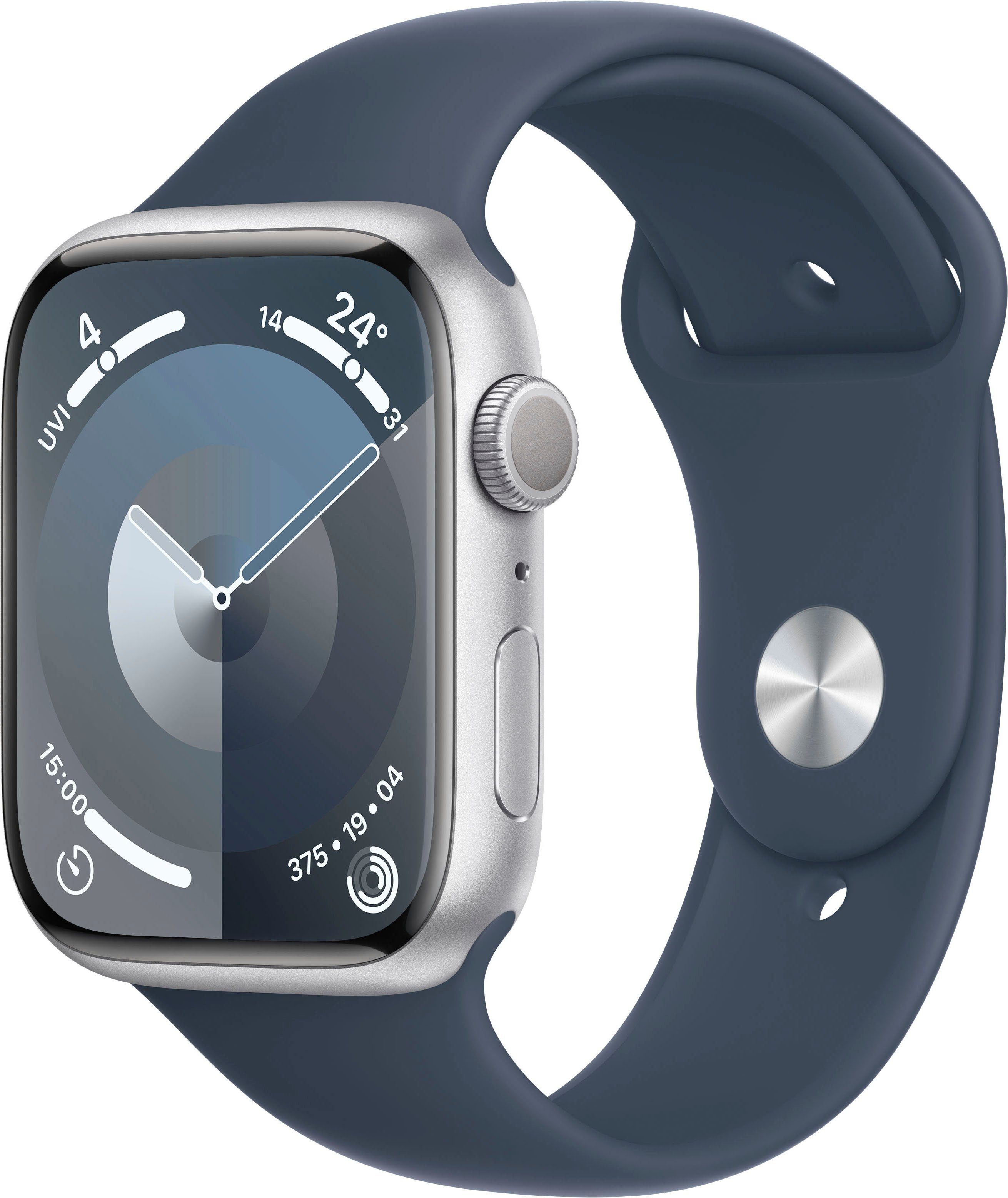 Apple Watch Series 9 GPS Aluminium 45mm S/M Smartwatch (4,5 cm/1,77 Zoll, Watch OS 10), Sport Band Storm Blau | Silber