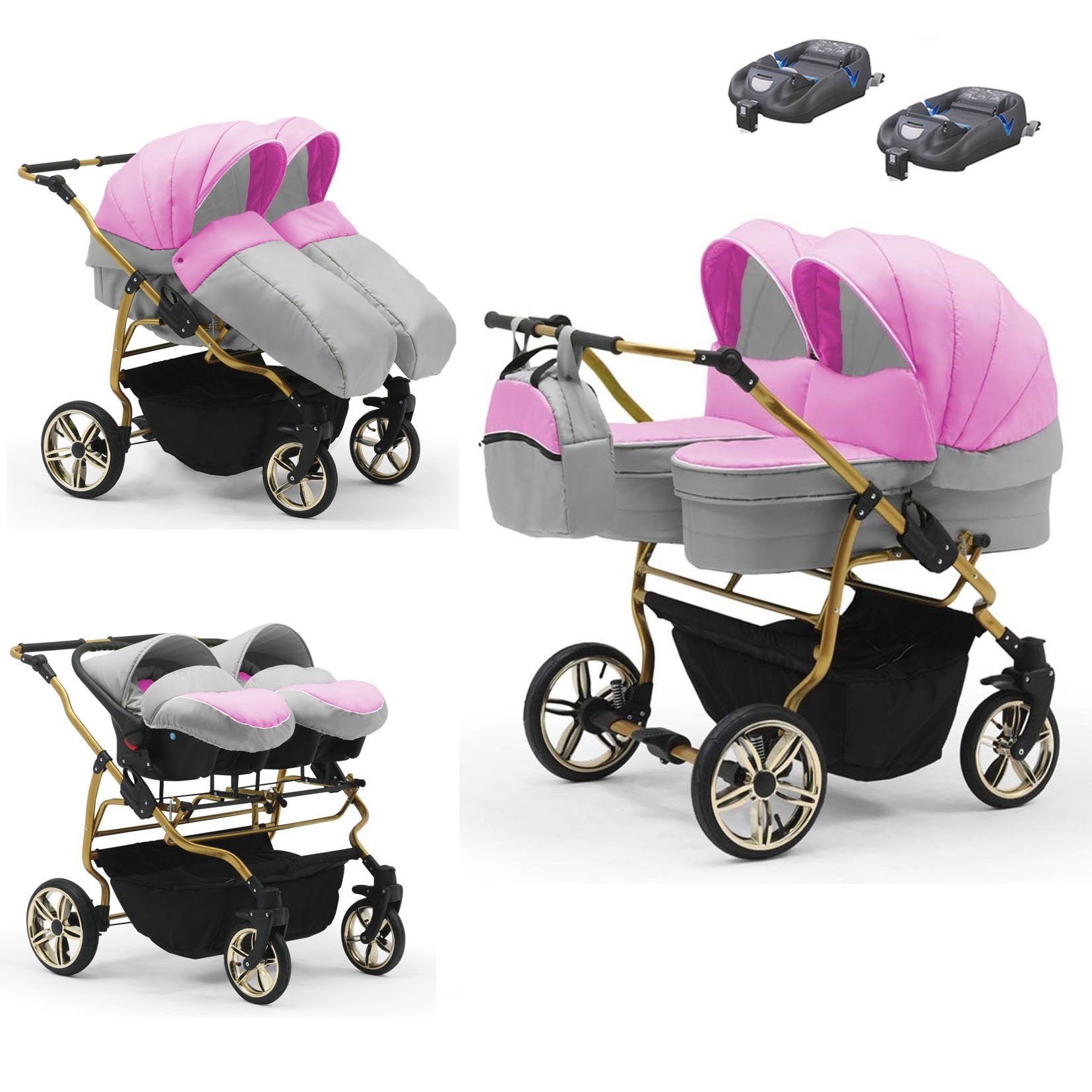 babies-on-wheels Zwillingswagen Zwillingswagen Duet Lux Gold 4 in 1 - 15 Teile - in 33 Farben Rosa-Grau