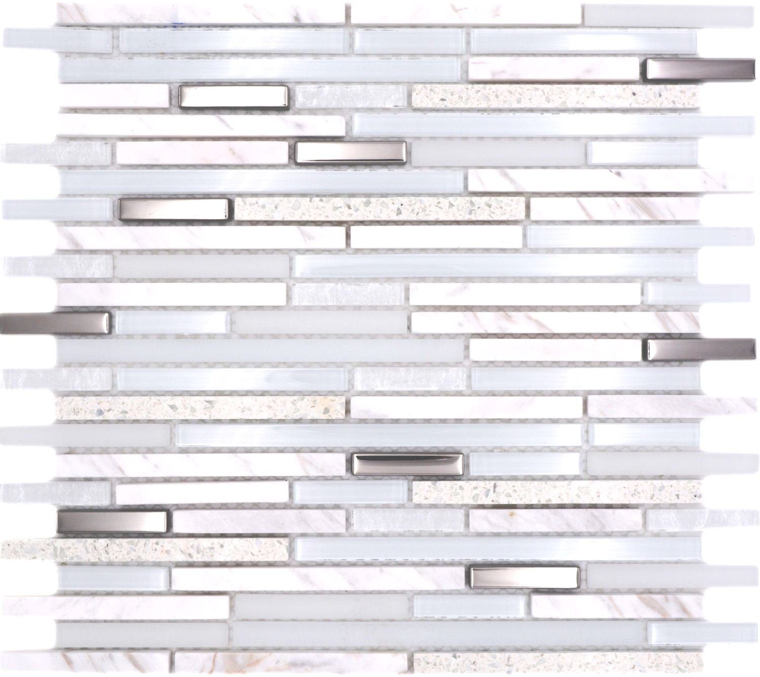 Mosani Mosaikfliesen Glasmosaik Komposit Naturstein Mosaik weiß glänzend / 10 Matten, Naturstein Glas, Weiß, 10-teilig, Dekorative Wandverkleidung