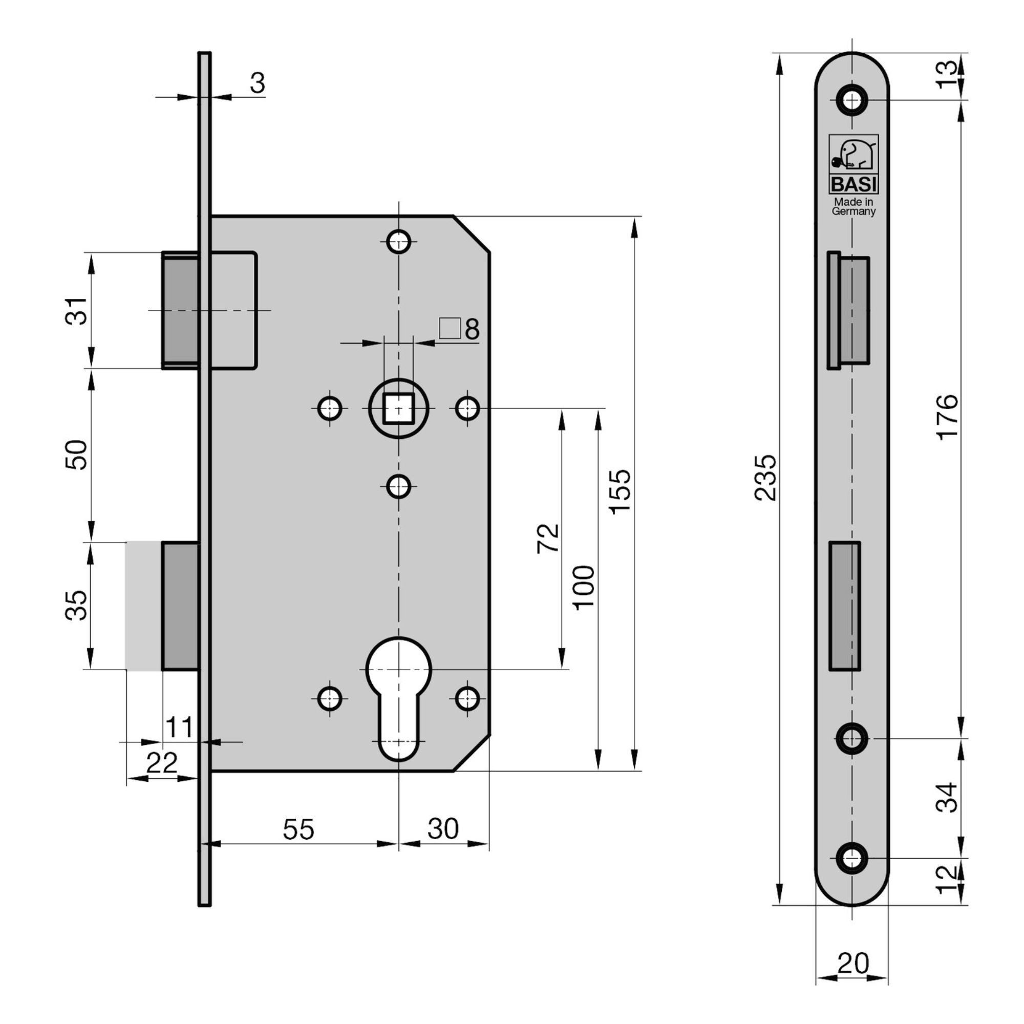 Thumbnail - BASI Einsteckschloss Zimmertürschloss PZ 72/8 mm, Stulp Edelstahl, Dornmaß 55 mm, Packung, DIN Links, Stulp 235x20 mm, D...