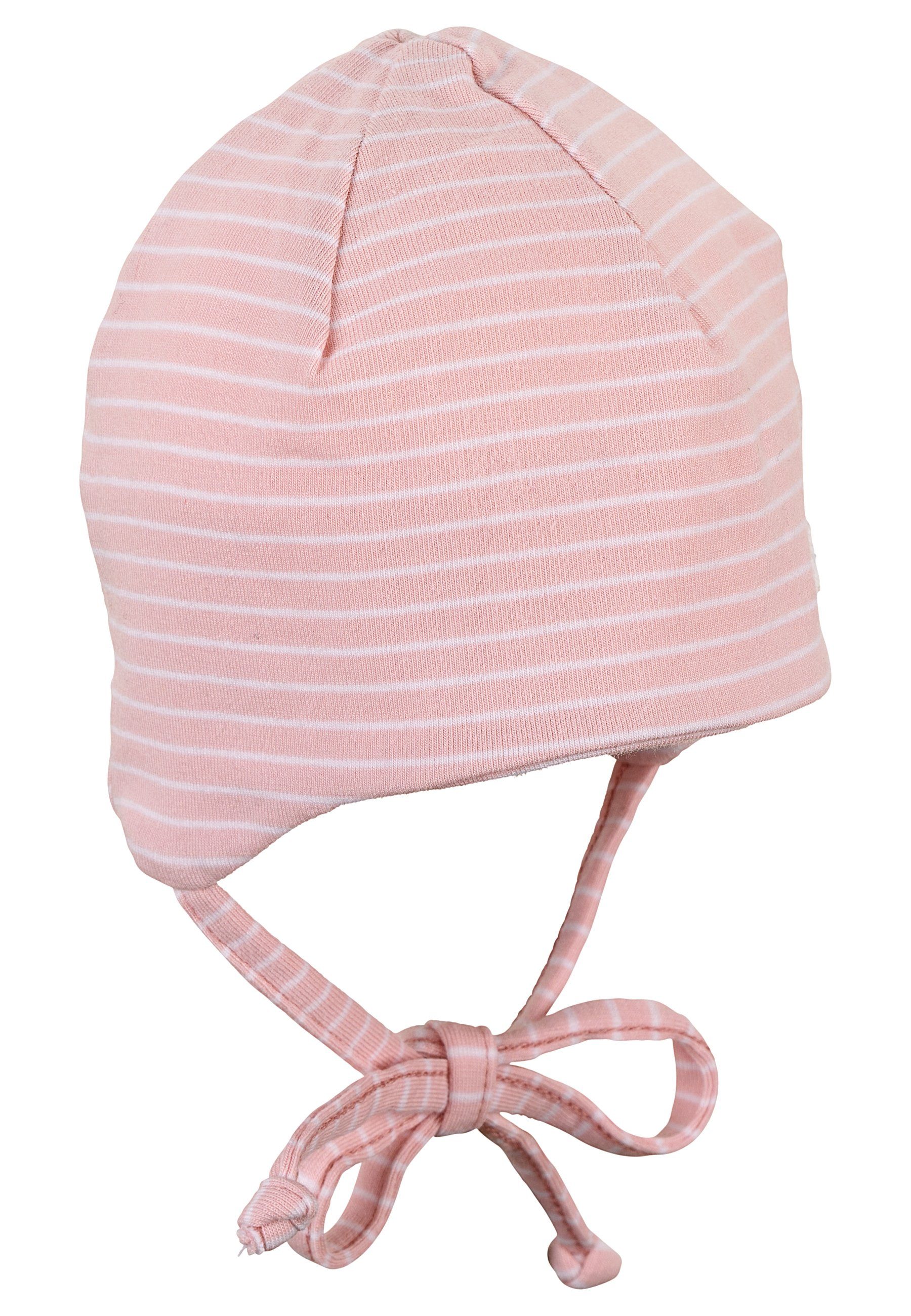 Sterntaler® Baumwolle rosa Beanie und und Umschlag) Bindeband Babymütze Schlupfmütze mit (1-St., Mütze Ohrenklappen Kinder Ringeln OCS tragbar mit mit ohne aus