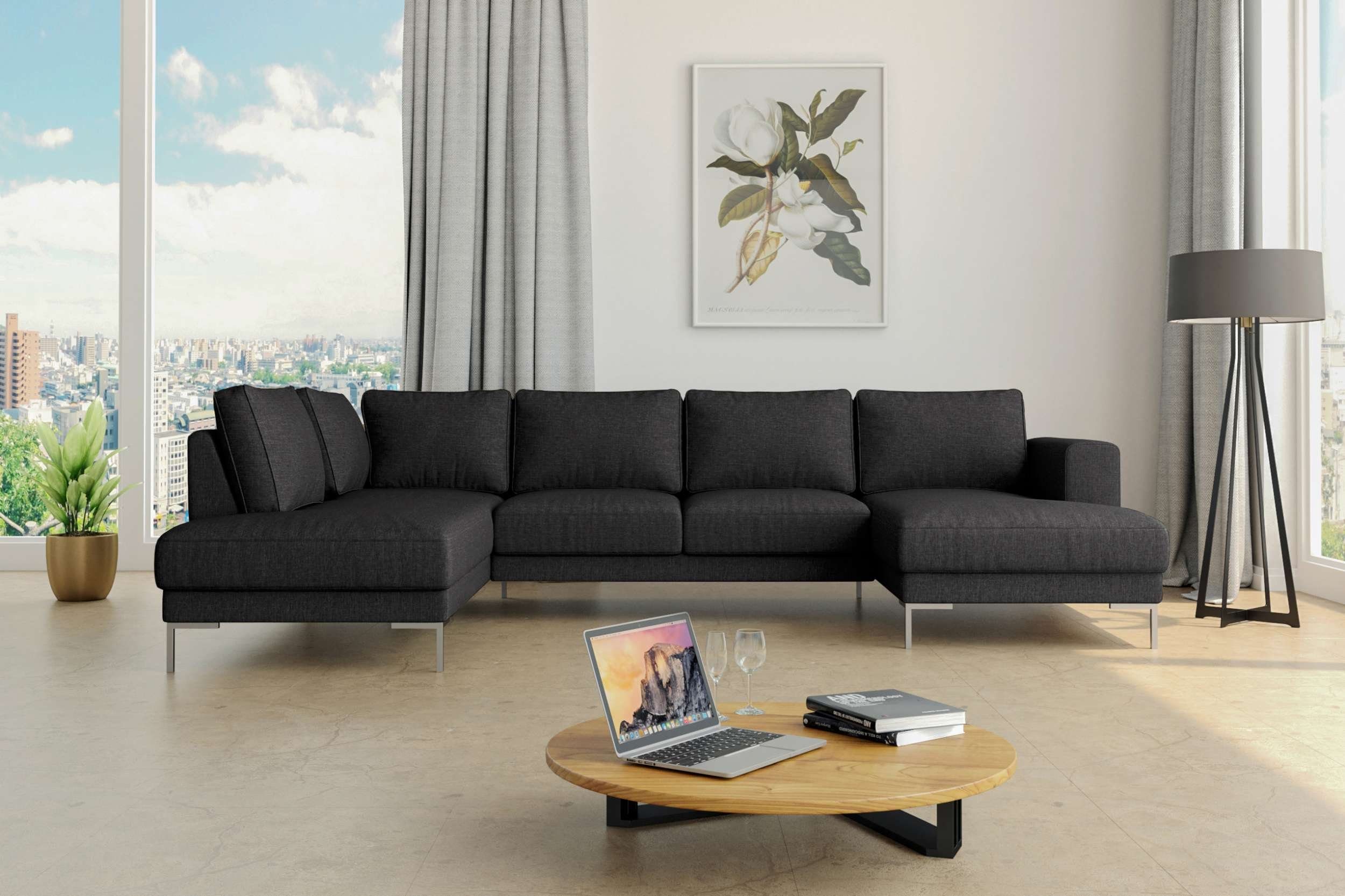 Stylefy Wohnlandschaft Santini, Sofa, Raum rechts Design, bestellbar, mit Wellenfederung, Modern Metall Schwarz U-Form, frei oder mane im links stellbar