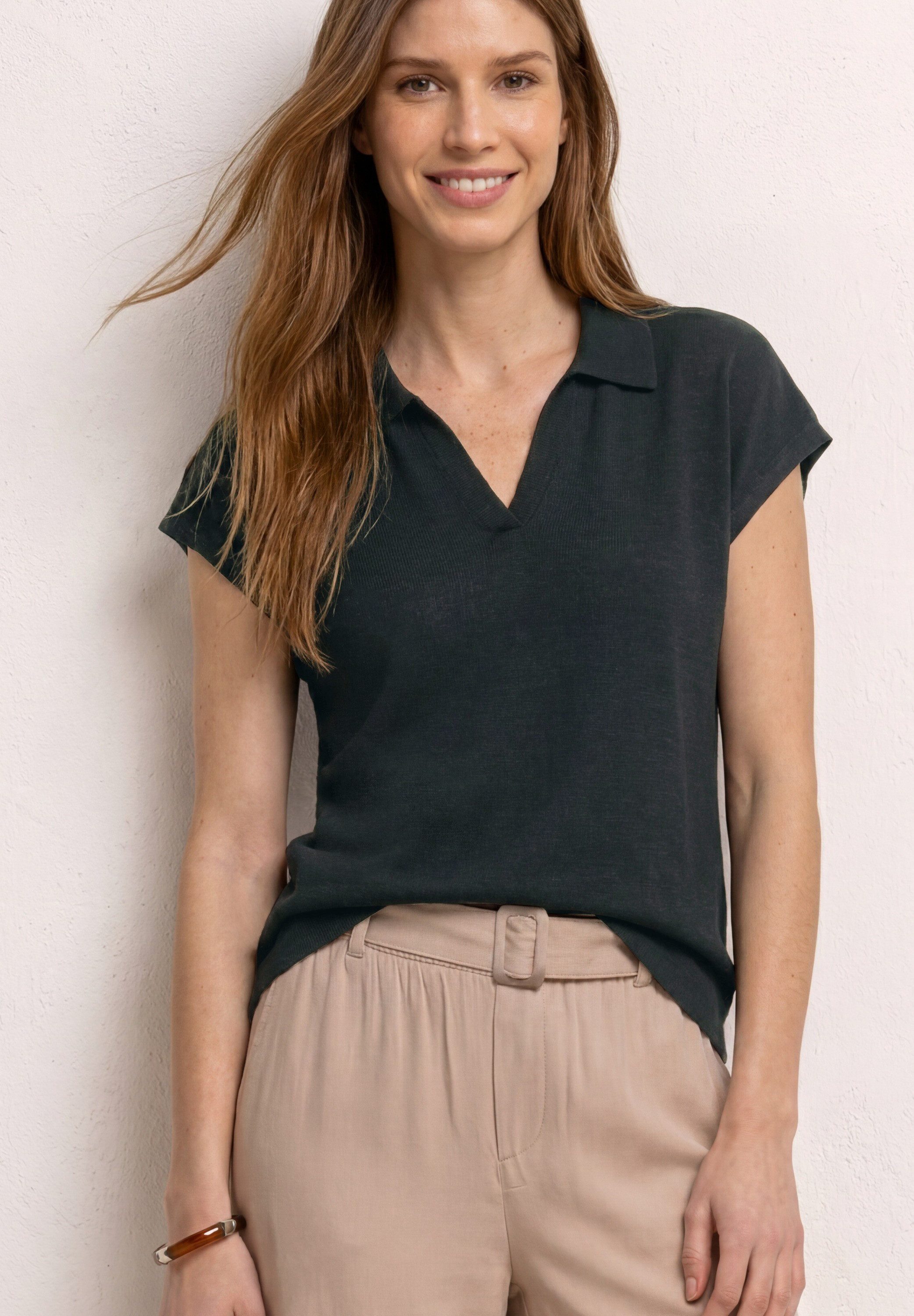 STREET ONE Poloshirt feine Struktur, unifarben, überschnittene Schultern