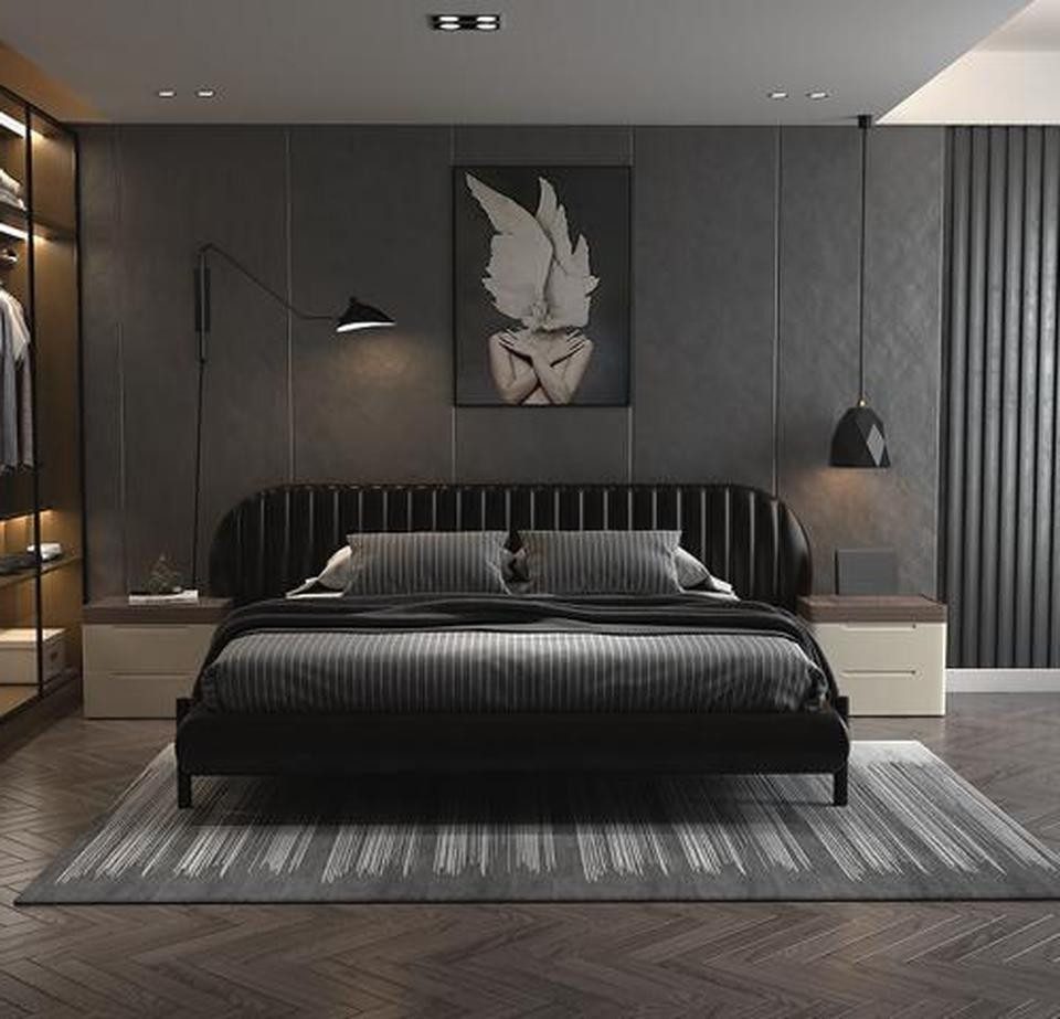 Xlmoebel Polsterbett Schwarzes Lederbett von XLMOEBEL mit Holzgestell und elegantem Design (180 x 200 cm), Made in Europa