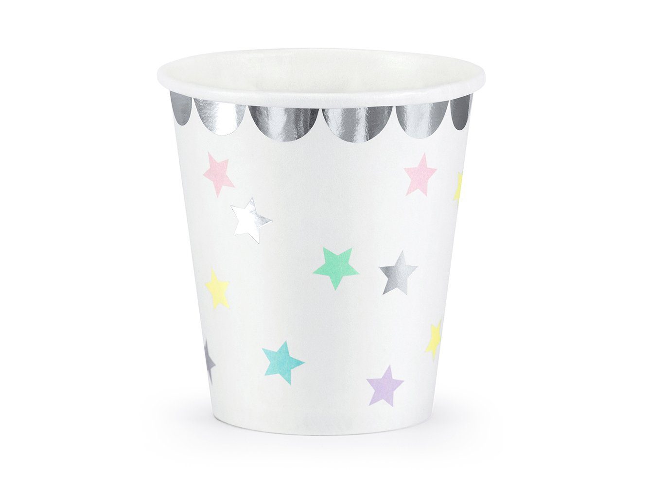 partydeco Dekobecher, Pappbecher 180ml Einhorn - bunte Sterne 6er Set weiß / silber