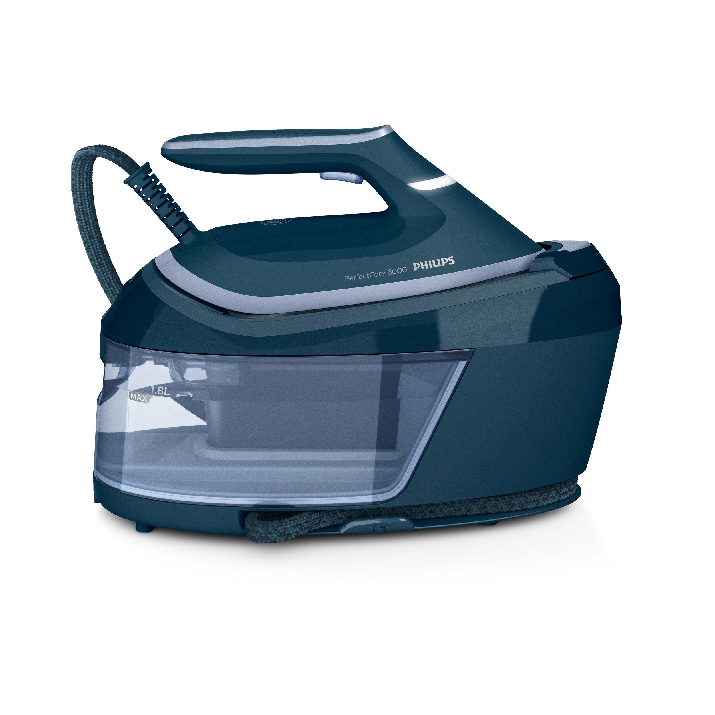 Philips Dampfbügelstation PerfectCare 6000 Series PSG6023/20, Dunkelblau, 1800 ml Wassertank, 2.400 Watt, OptimalTemp & SteamGlide Plus Bügelsohle, 500gr Dampfstoß