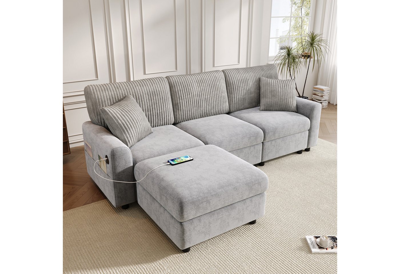 Flieks Sofa Ecksofa mit 1 Fußhocker, 1 USB-Anschluss und 1 Type-C-Anschluss, Maße: B223×H84×T146 cm, 3 Sitzer L-Form Couch mit 2 Kissen & Schlaffunktion, Chenille und Cord