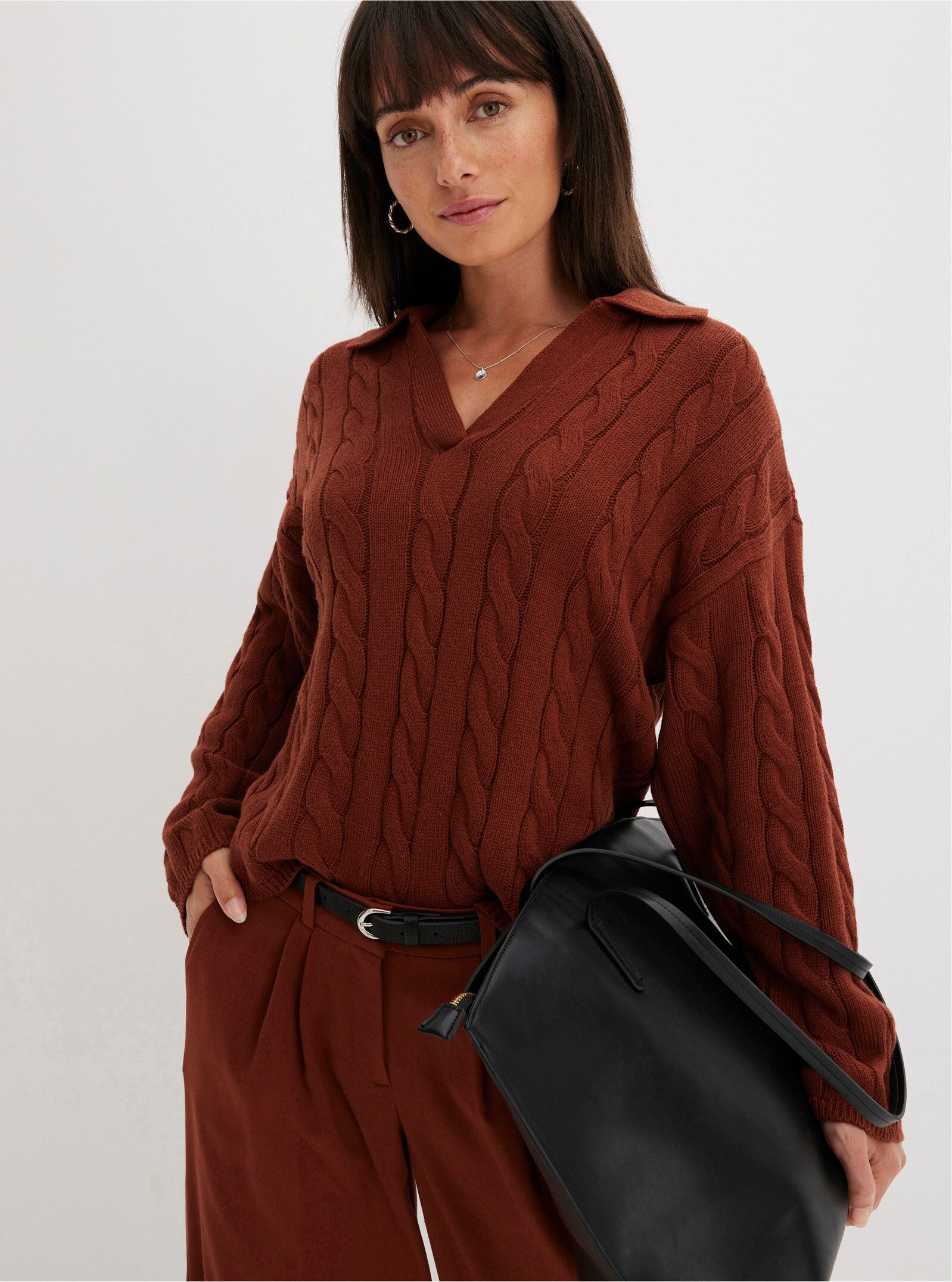 Witt Strickpullover Polopullover Langarm Zopfmuster