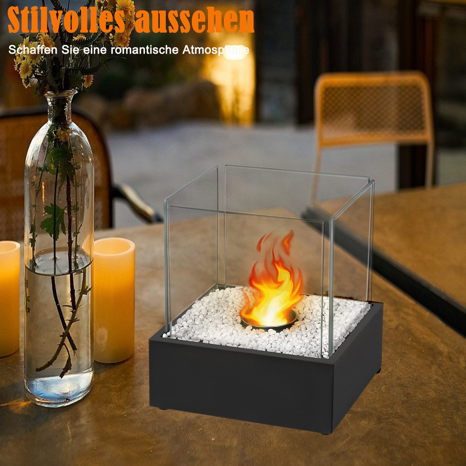 FIVMEN Tischfeuer Ethanol Tischkamin Indoor Outdoor Eckig/Rund Kamin Tischfeuerstelle (inkl Natursteinen, Unendliche Brenndauer, Balkon Deko Garten) – Bild 4 von 5