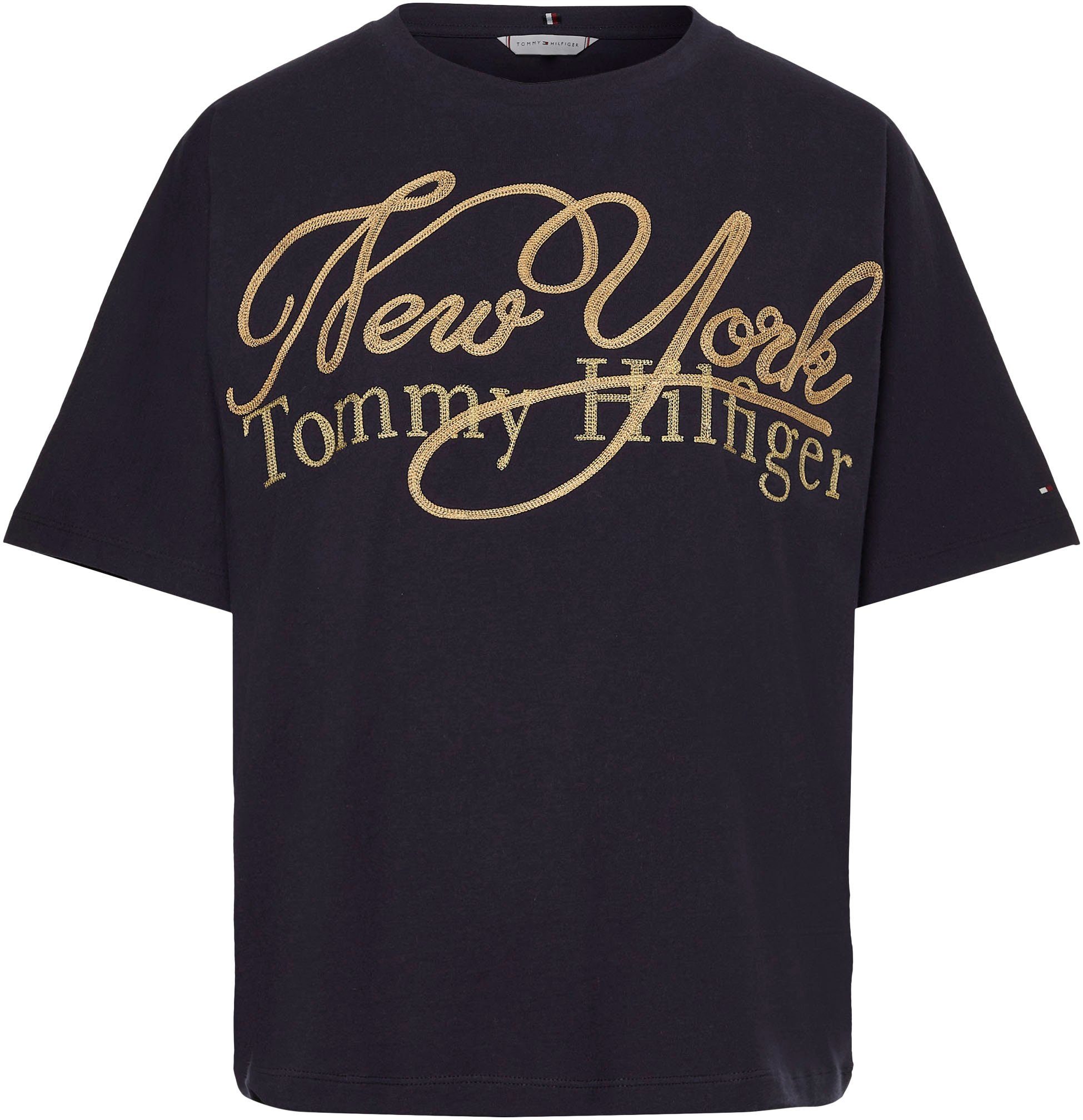 Tommy Hilfiger Tommy C-NK T-Shirt mit METALLIC NY RLX metalicfarbenen SS Desert-Sky Print Markenlabel & Hilfiger