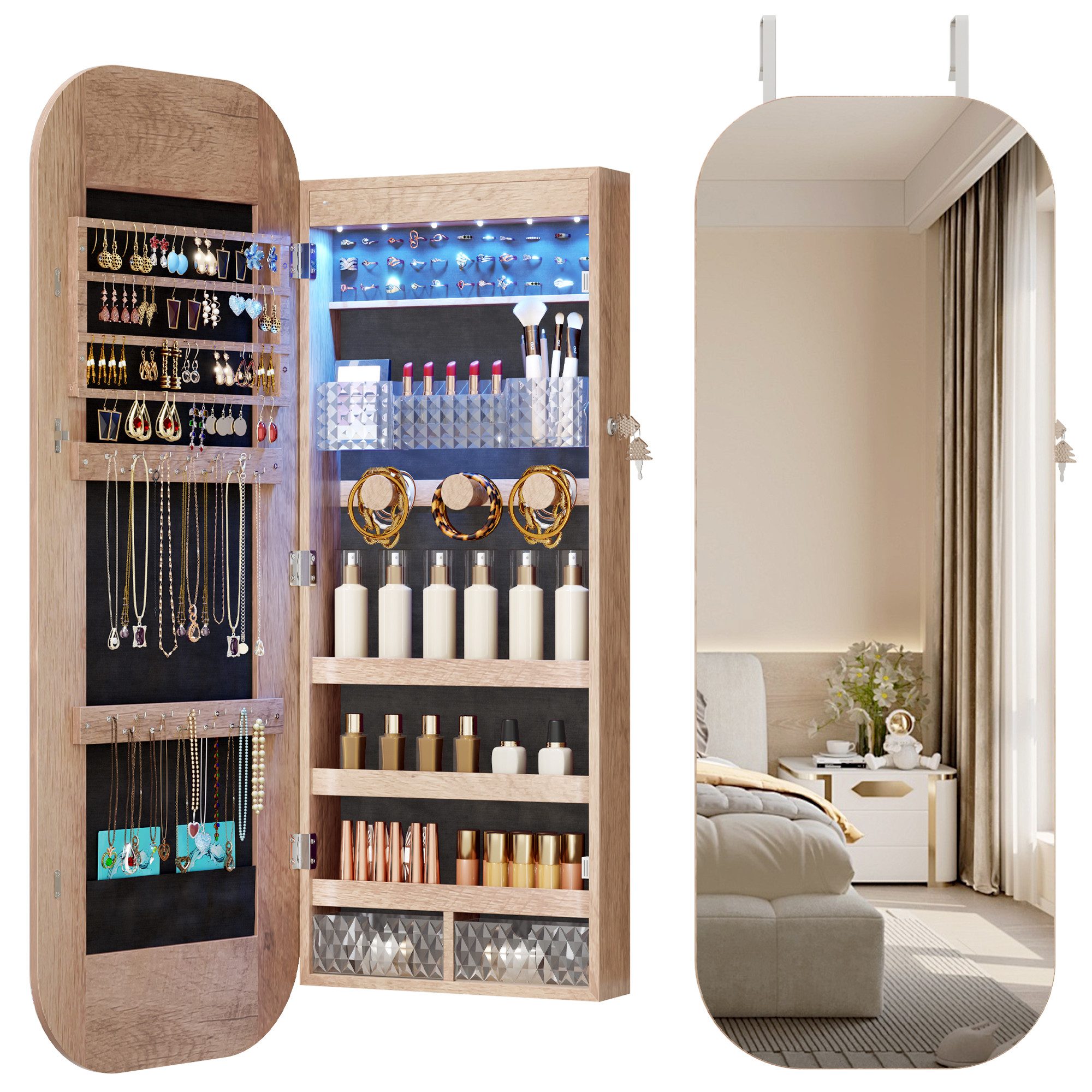 Schmuckschrank 3-in-1 Schmuckschrank mit Ganzkörperspiegel & LED-Beleuchtung