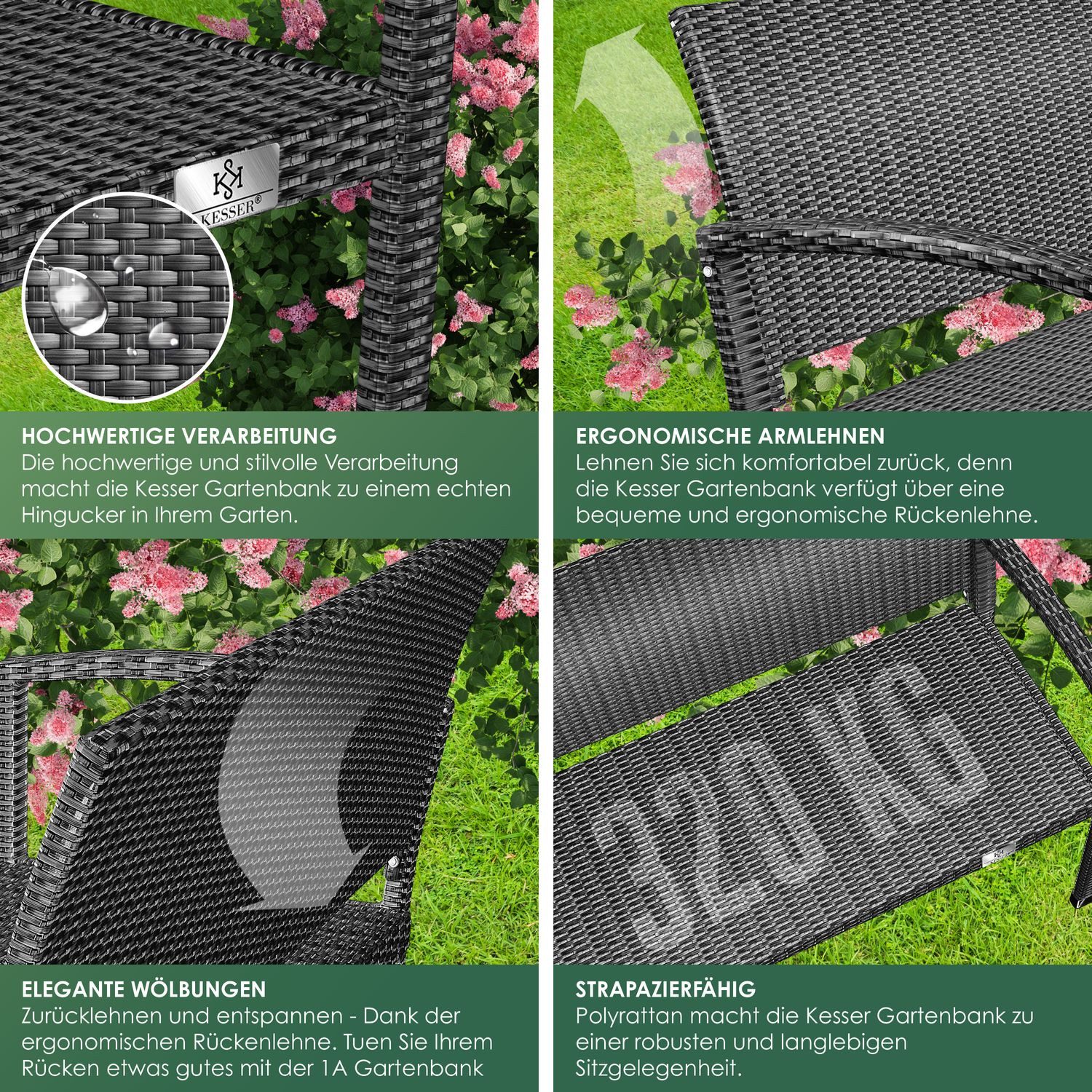 KESSER Gartenbank, Polyrattan 2-Sitzer Wetterfest, Rattan-Sitzbank UV-Beständig