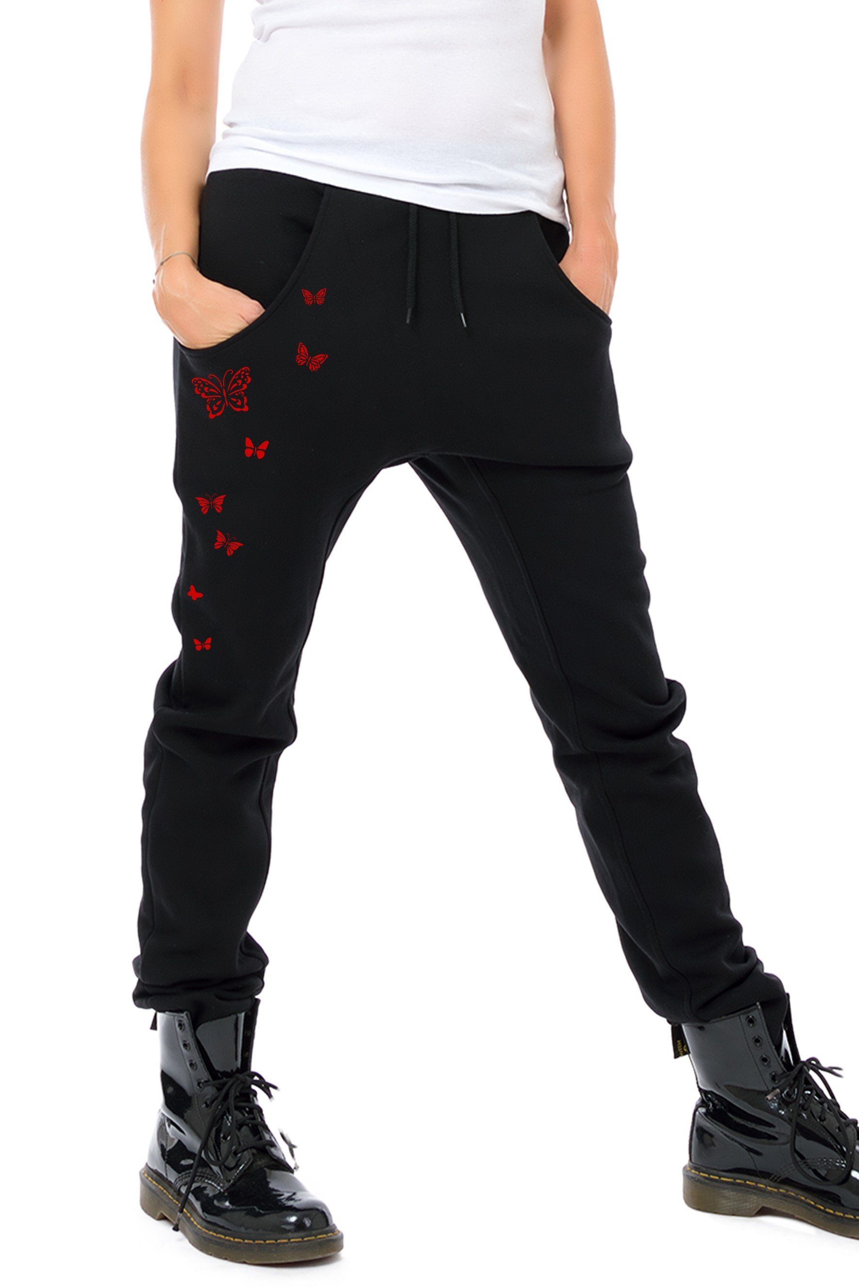 3Elfen Sweatpants Jogginghose Winter Sweathose Damen schwarz Schmetterlingen rot 3Elfen