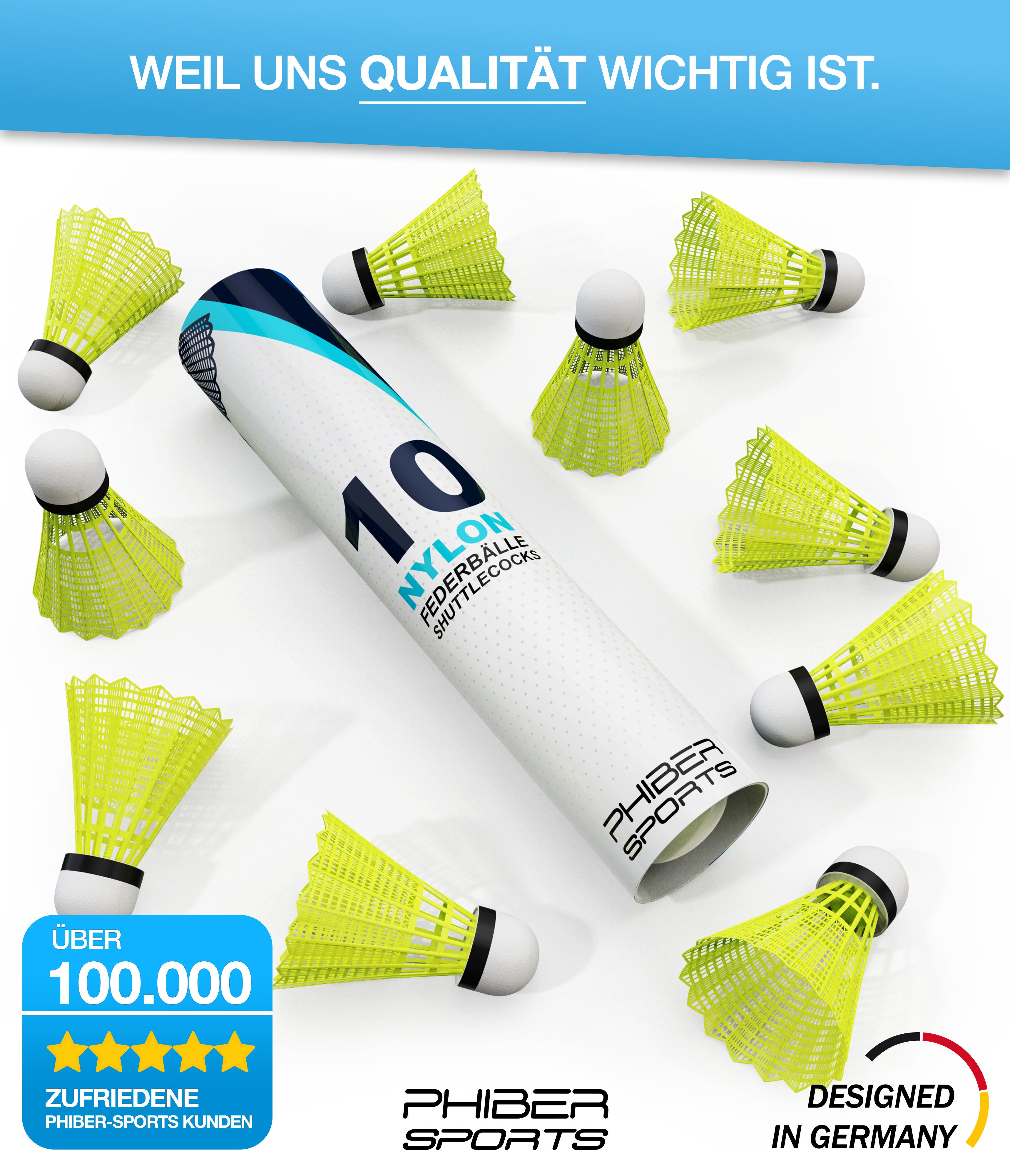 PHIBER-SPORTS Badmintonball PHIBER-SPORTS Federbälle Badminton Bälle - Perfekte Spieleigenschaften (Ideal für Anfänger, Familien und Profis - Federball Bälle Speed - Für draußen & drinnen - Gelb [10 Stück], 10-St)