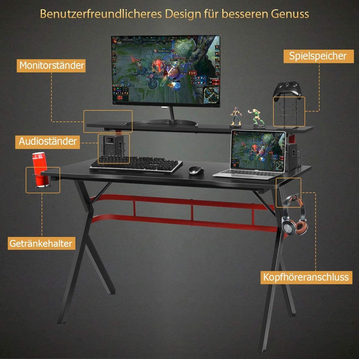 COSTWAY Gamingtisch, 120cm mit Monitorständer, Boxen-Ständern, 2 schwarz+rot Haken