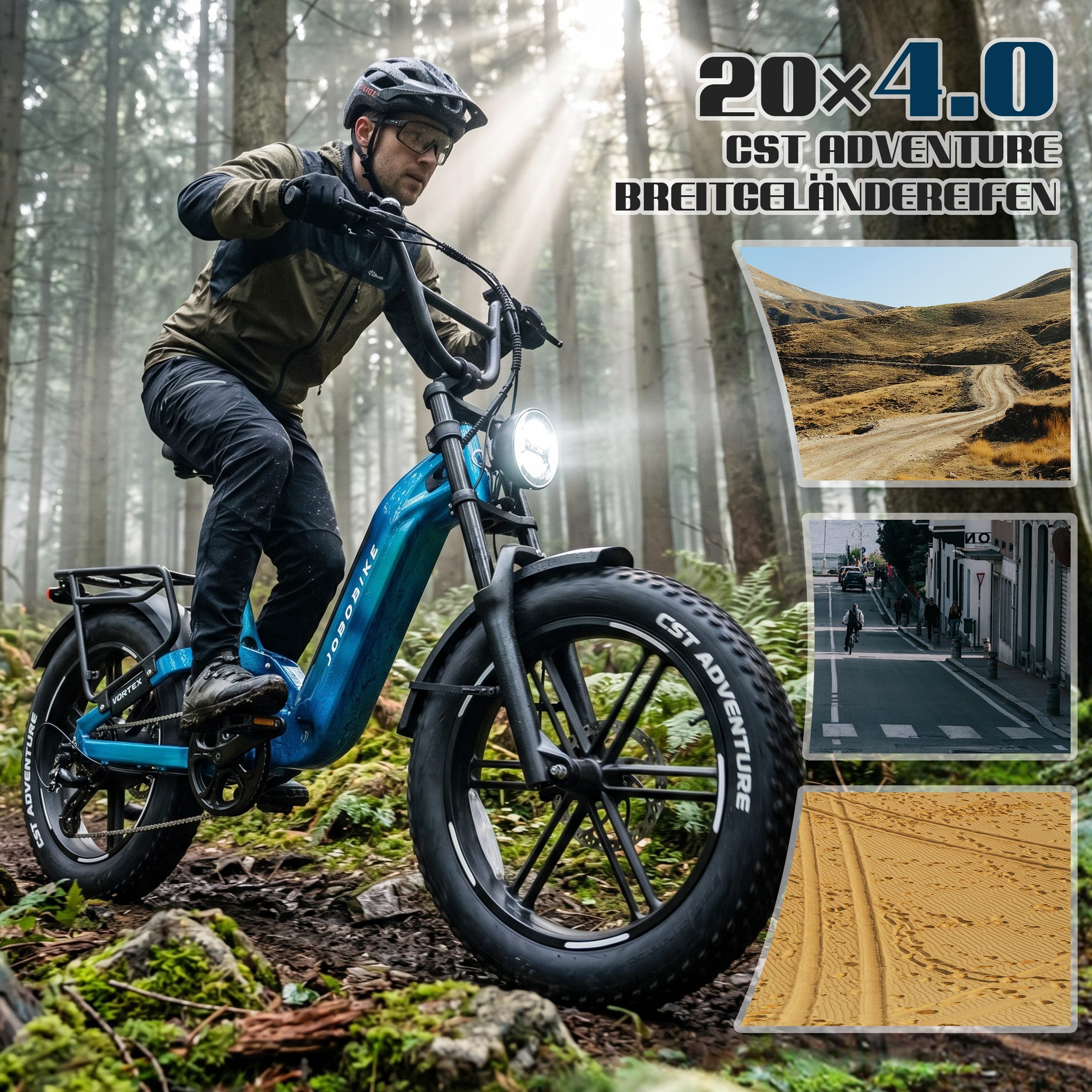 JOBOBIKE E-Bike Mountainbike 20x4,0 Zoll, 150km, Fully, Vollfederung, für Stadt, Berg und Gelände, 7 Gang Shimano, Kettenschaltung, Heckmotor, 720 Wh, (Fatbike, LCD-Farbdisplay, Hinterradfederung, Softtail), Drehmomentsensor, 130-Lux Frontlicht, Bremslicht, Hydr. Bremsen