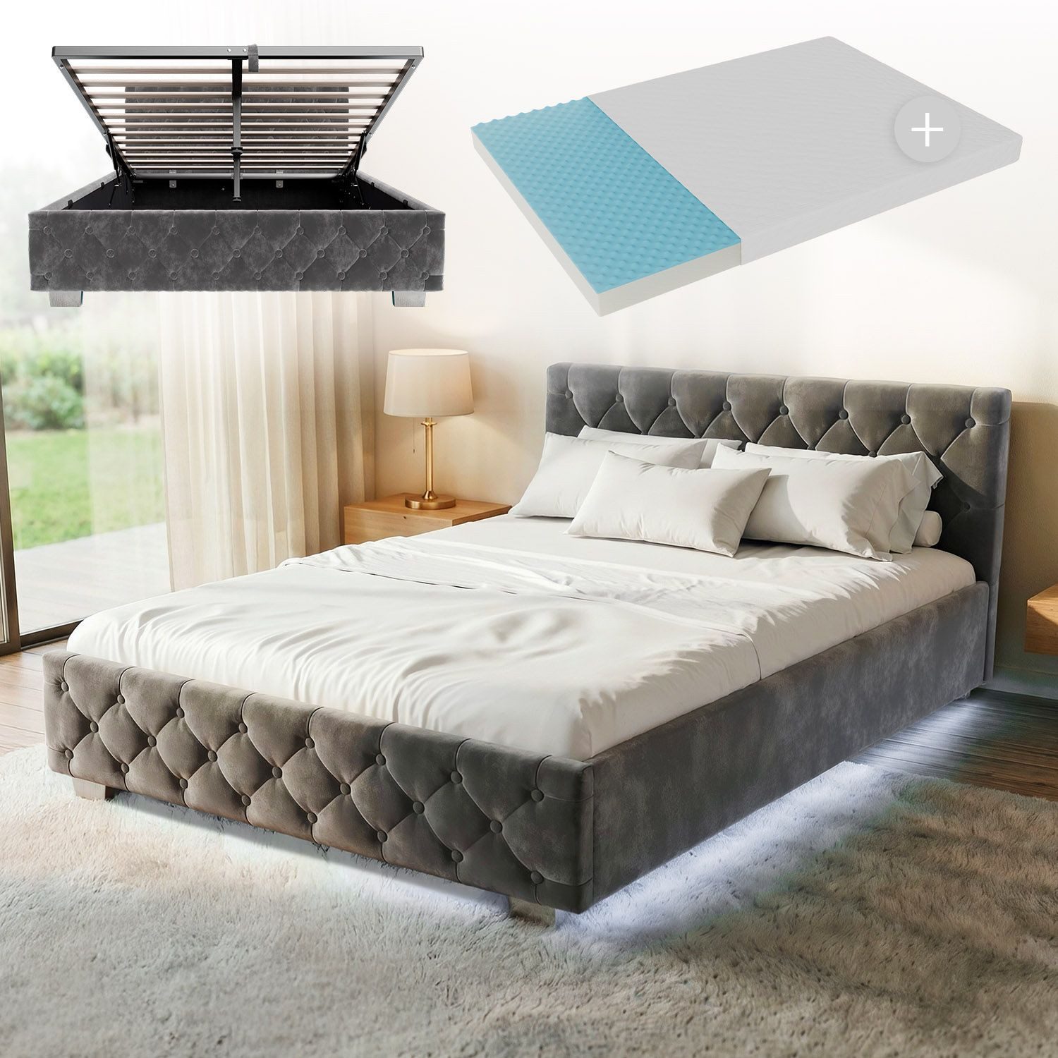 Juskys Polsterbett Nizza, 140x200 cm, LED Licht, Stauraum, Samtbezug, inkl. Matratze