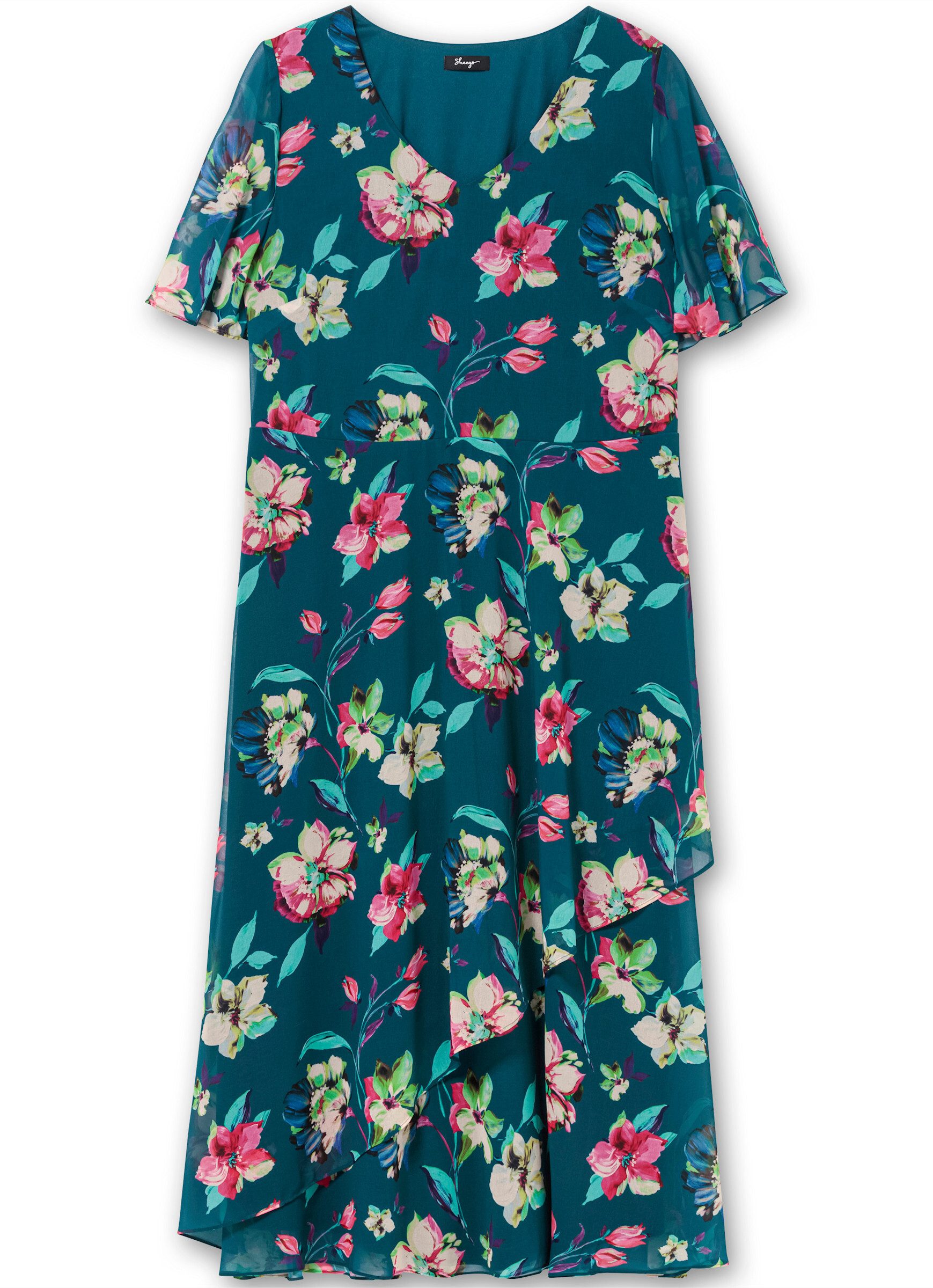 Sheego Etuikleid Abendkleid Kurzarm mit Blumenprint, blickdicht gefüttert