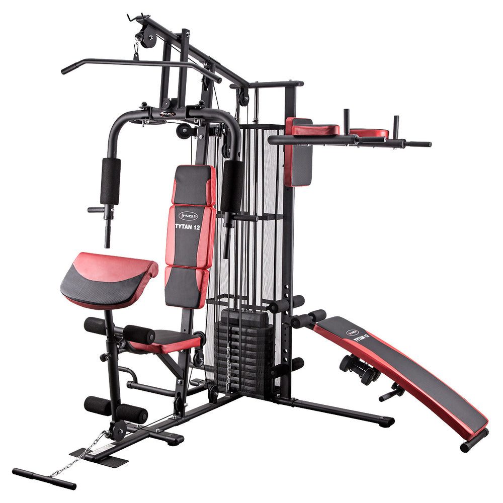 HMS Kraftstation Multifunktionales Fitnessgerät Homegym, 11 Gewichtsblöcke (Spar-Set, Kraftübungen), Bequemer Sitz mit langlebigem Carbon-Bezug