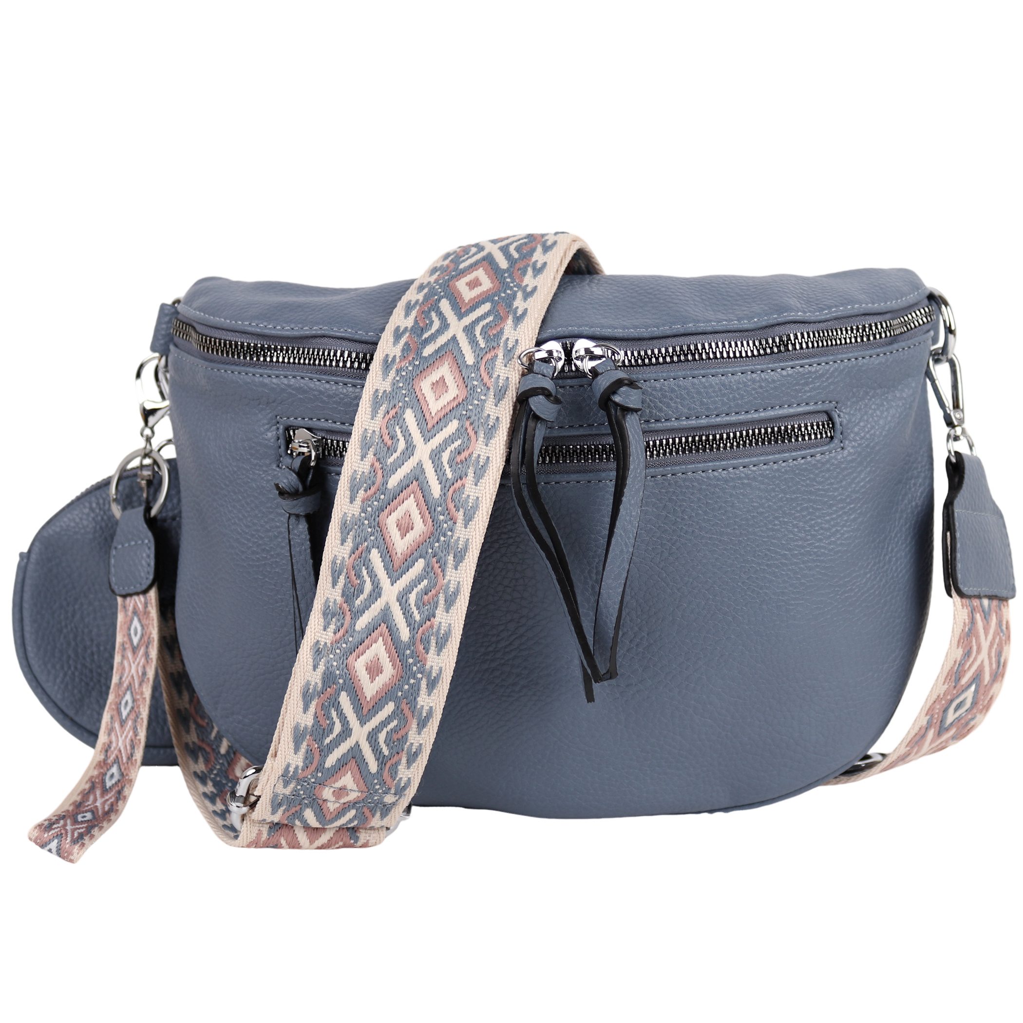 MIRROSI Bauchtasche Damen Taschen, Umhängetasche, Brusttasche, 30x20x9cm Veganes Leder (Schultertasche für jeden Anlass, (dazu 1x Schlüsselband und 1x Münzenbeutel), Crossbody Bag, Bohemian gemusterten& verstellbaren Schulterriemen Jeansblau