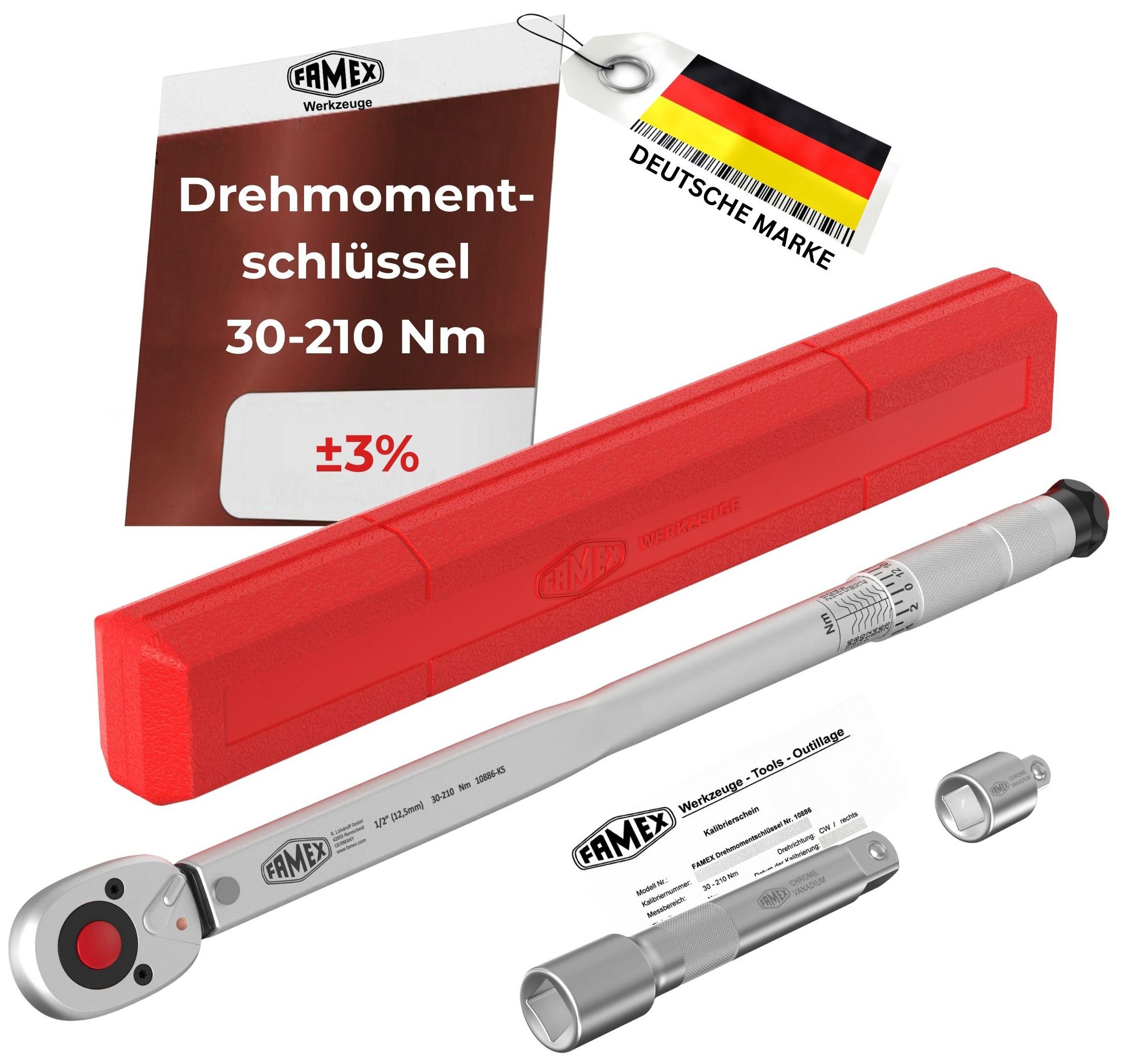 FAMEX Drehmomentschlüssel 10886 Schraubenschlüsel Set 1/2 Zoll (Ratschenschlüssel), 30-210 Nm, mit Kalibrierschein,+/- 3%