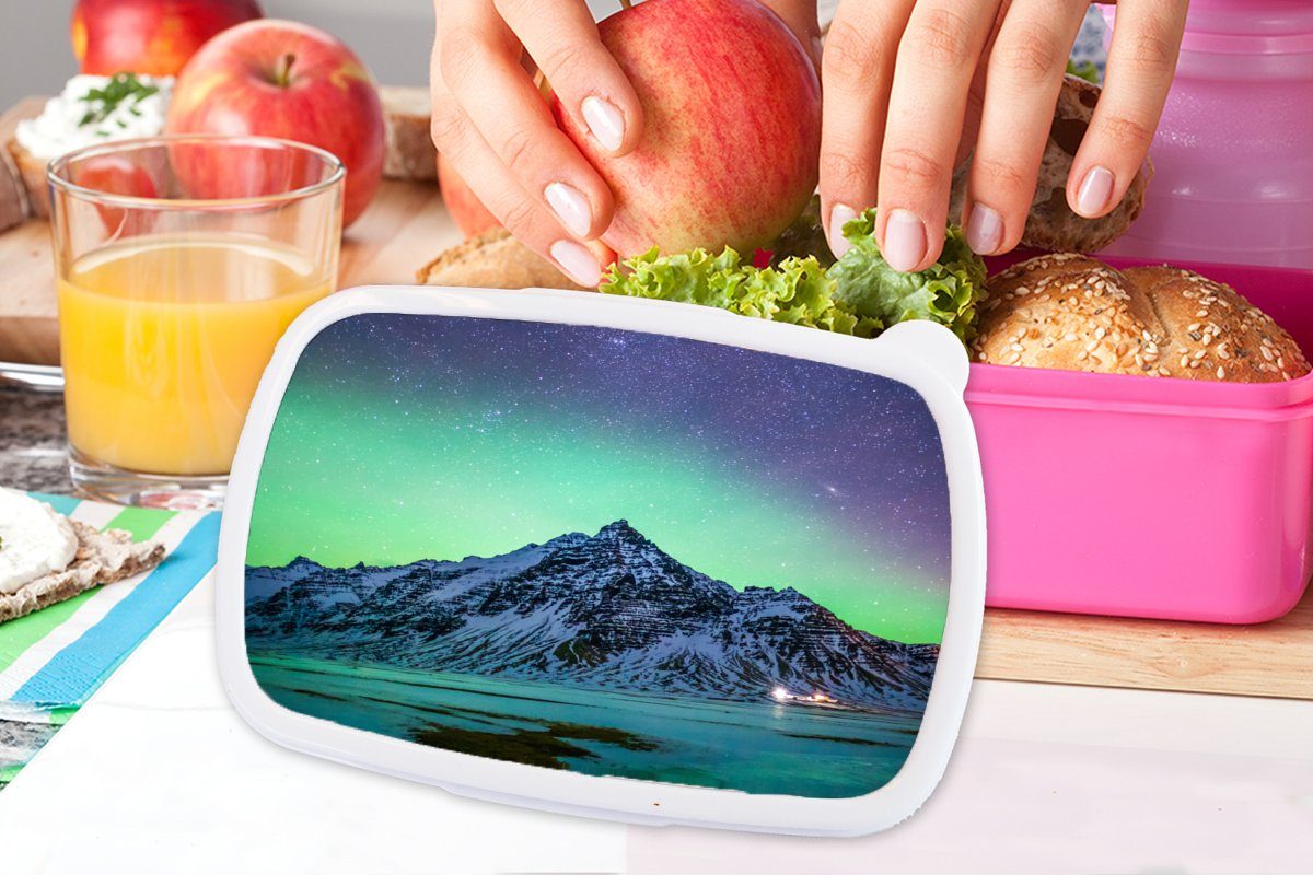 Lunchbox Kinder, MuchoWow Nordlichter Berg Snackbox, Grün Brotbox Schnee Winter, Kunststoff (2-tlg), Brotdose - - Mädchen, - - Erwachsene, Kunststoff, Schweden rosa für -