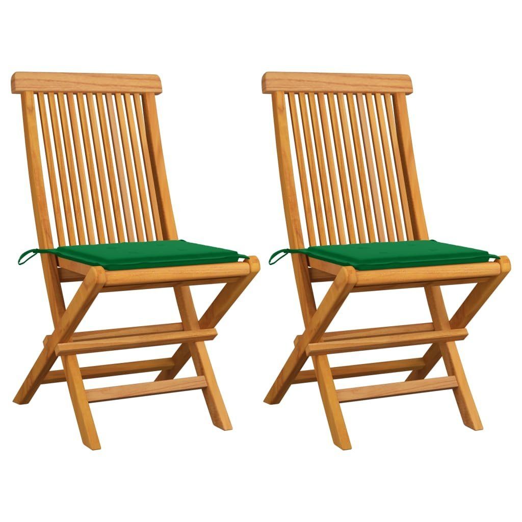 furnicato Gartenstuhl Gartenstühle mit Grünen Kissen 2 Stk. Massivholz Teak | Stühle