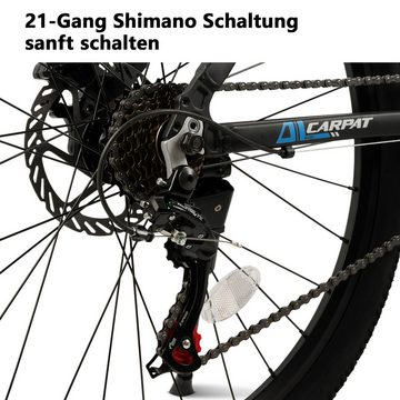 CARPAT SPORT Mountainbike 26 Zoll MTB für Damen Herren, Mädchen und Jungen, 21 Gang Shimano Tourney Schaltwerk, Kettenschaltung, (hydraulische Scheibenbremse, Alu-Rahmen), MTB Hardtail Fahrrad