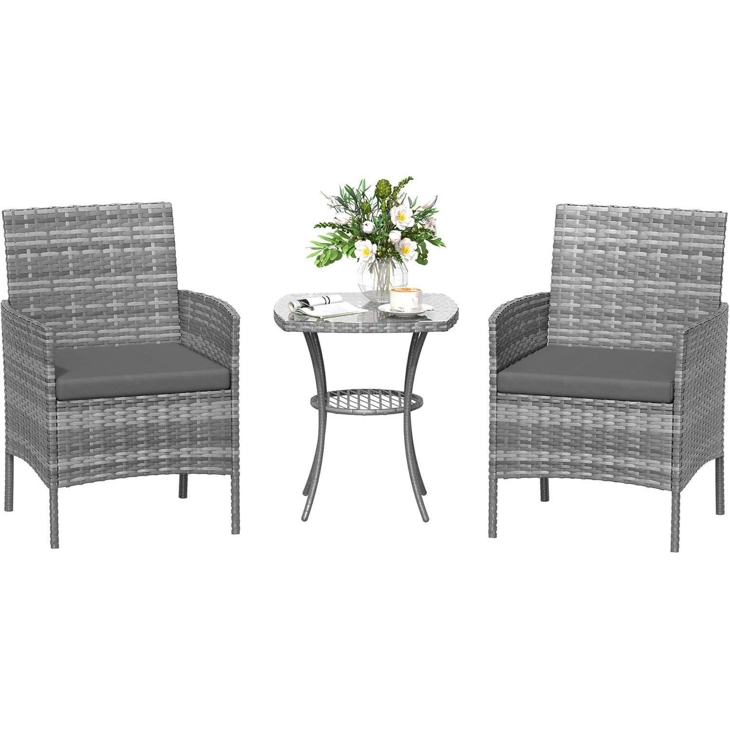 Amopatio Balkonset Rattan Gartenmöbel Set 3 teilig Wetterfest Grau Stühlen & Bistrotisch