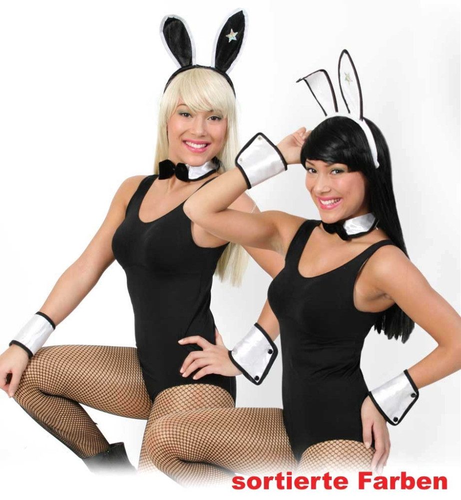 Fries Kostüm 4-teiliges Bunny Hasen Set Haarreif Fliege Manschetten Karneval, Lieferbar in Schwarz oder Weiß