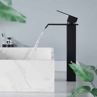 HOMELODY Waschtischarmatur Wasserfall Wasserhahn hoher Badezimmer Waschtischhahn schwarz Mattschwarz, hergestellt aus Edelstahl SUS304