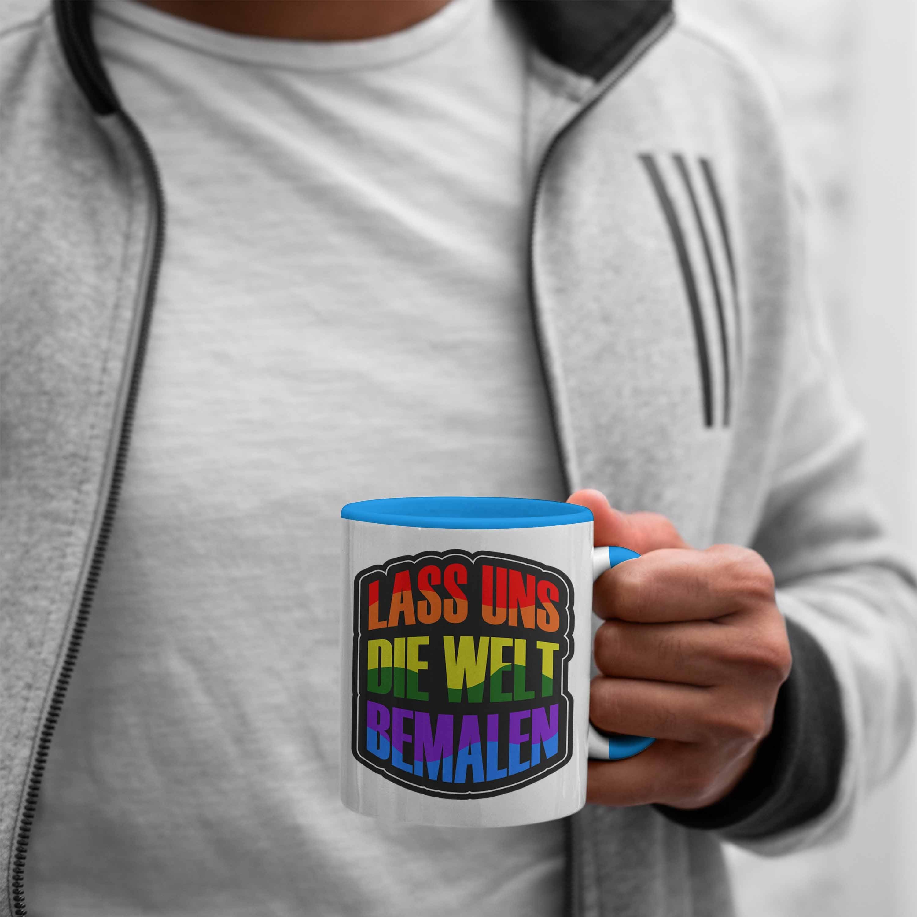 Trendation Tasse Geschenkidee LGBT Tasse Blau uns Welt die Regenbogenfarben Bemalen" "Lass