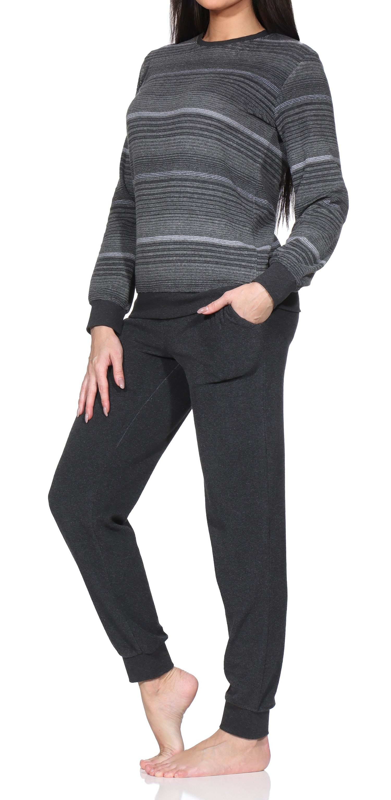 Normann Pyjama Damen Frottee Schlafanzug mit Bündchen in elegantem Streifendesign – Bild 3 von 4