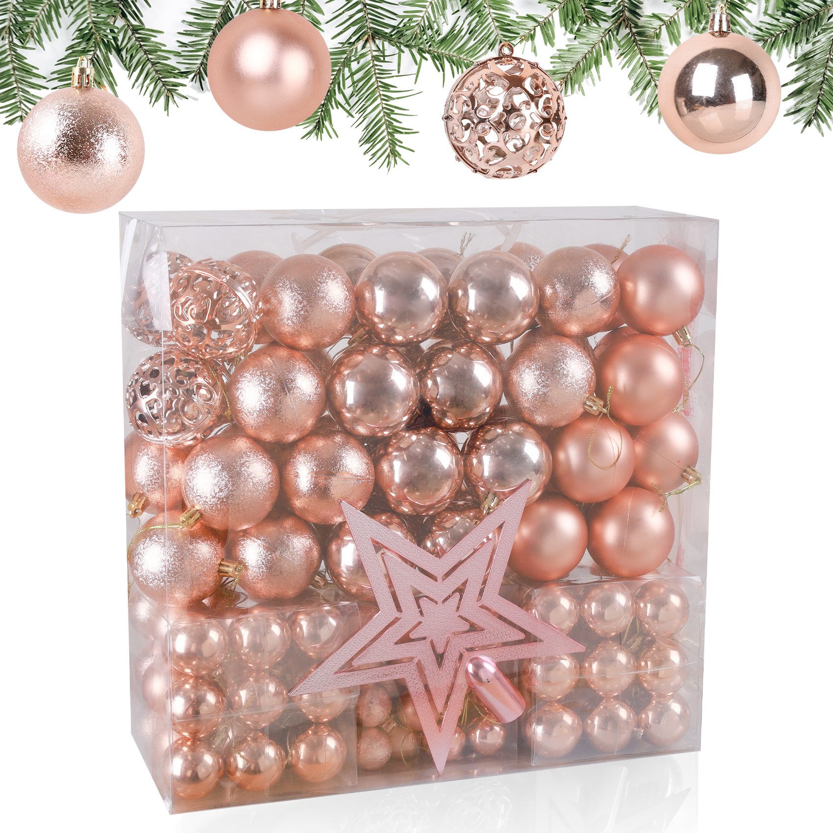 ElitVita Christbaumschmuck Weihnachtskugeln Weihnachtsbaumspitze Stern Weihnachtsdeko Set (139-tlg), Kunststoff Christbaumkugeln mit Aufhänger Deko