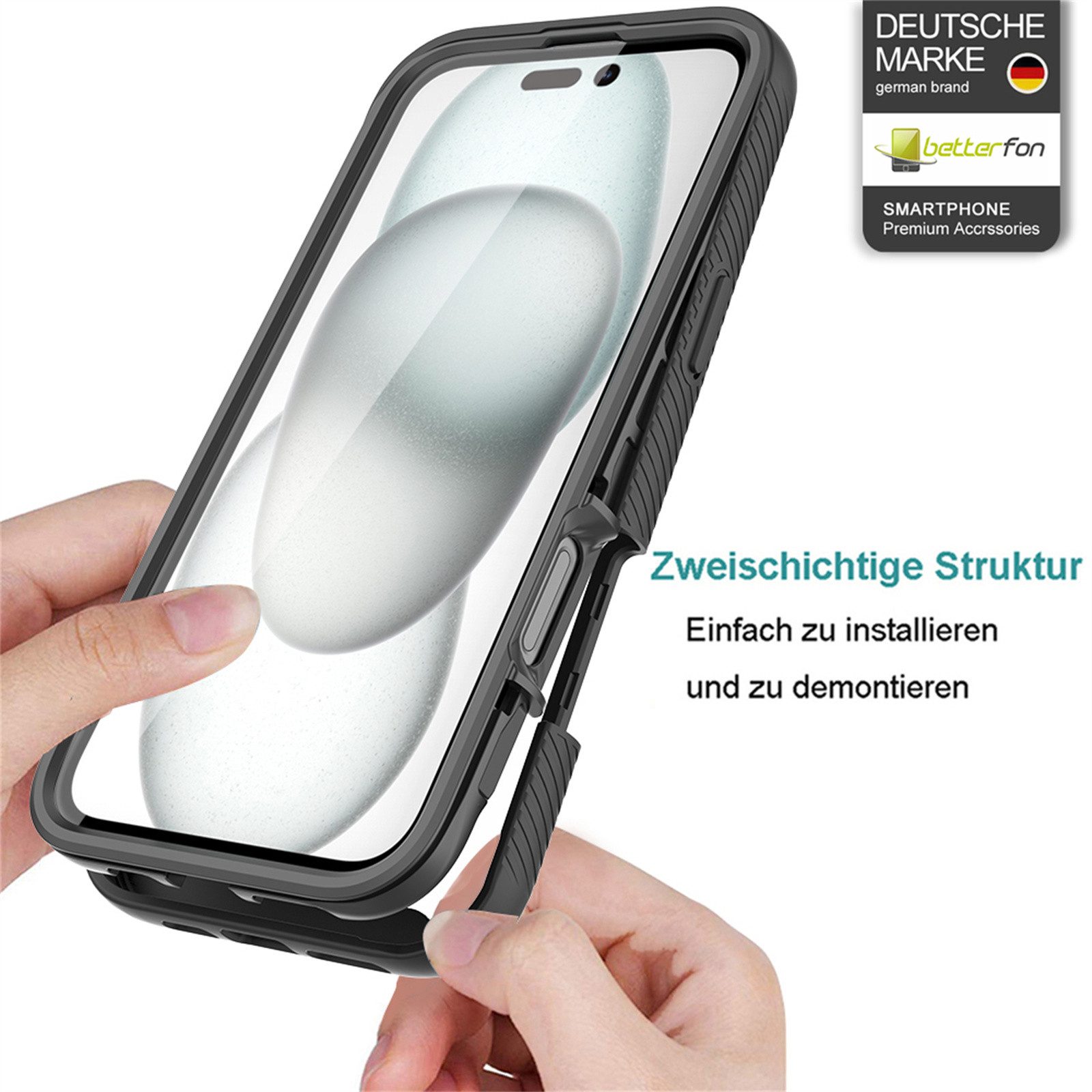 betterfon Smartphone-Hülle Outdoor Hülle für iPhone 16 Panzer 360 Grad TPU Case mit Displayschutz, Integrierter Displayschutz empfindlichkeitserhaltend & kratzr – Bild 3 von 5