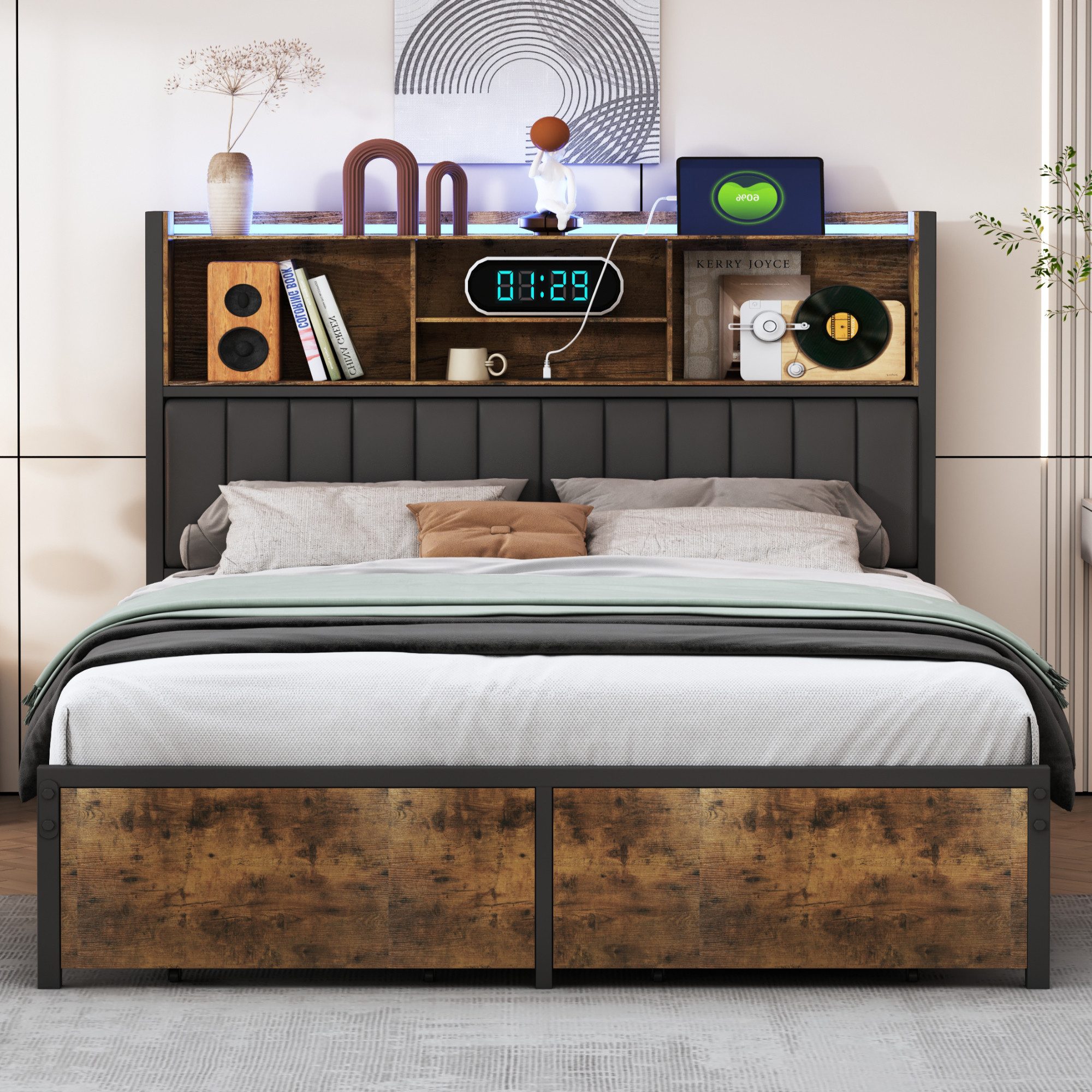 NMCXXO Polsterbett Moderner Polsterbett mit Regal & LED-Beleuchtung (Für Ju günstig online kaufen