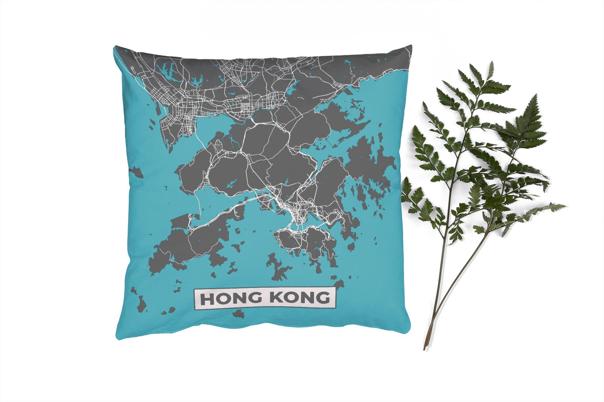 MuchoWow Dekokissen Hongkong - Blau - Karte - Stadtplan, Zierkissen mit Füllung für Wohzimmer, Schlafzimmer, Deko, Sofakissen