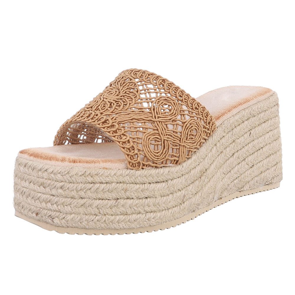 Ital-Design Wedge-Pantoletten mit Stickerei für Damen – Beige Plateausandal günstig online kaufen