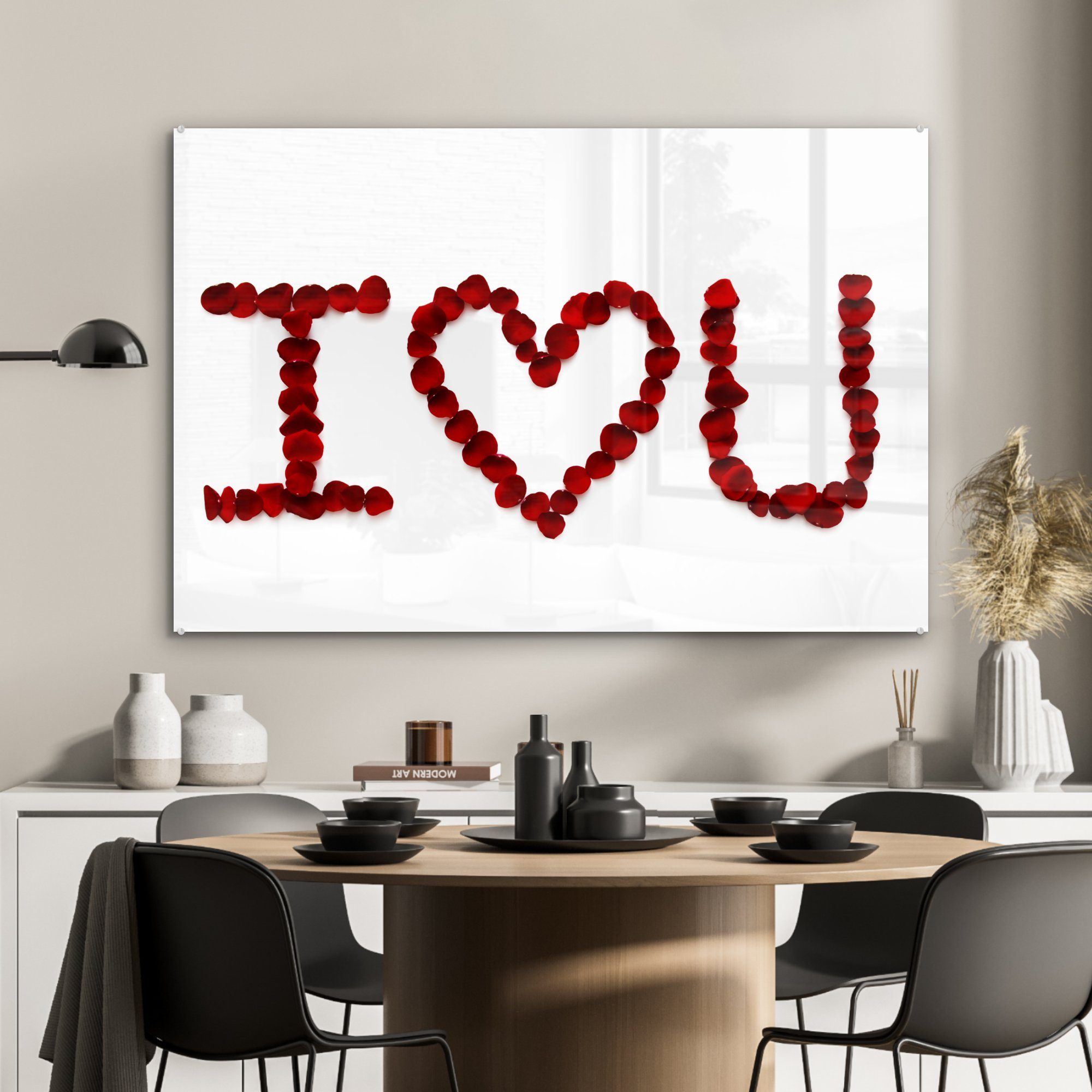 buchstabiert Ich Schlafzimmer liebe MuchoWow St), (1 dich, Acrylglasbild Wohnzimmer mit Marshmallows, roten Acrylglasbilder &
