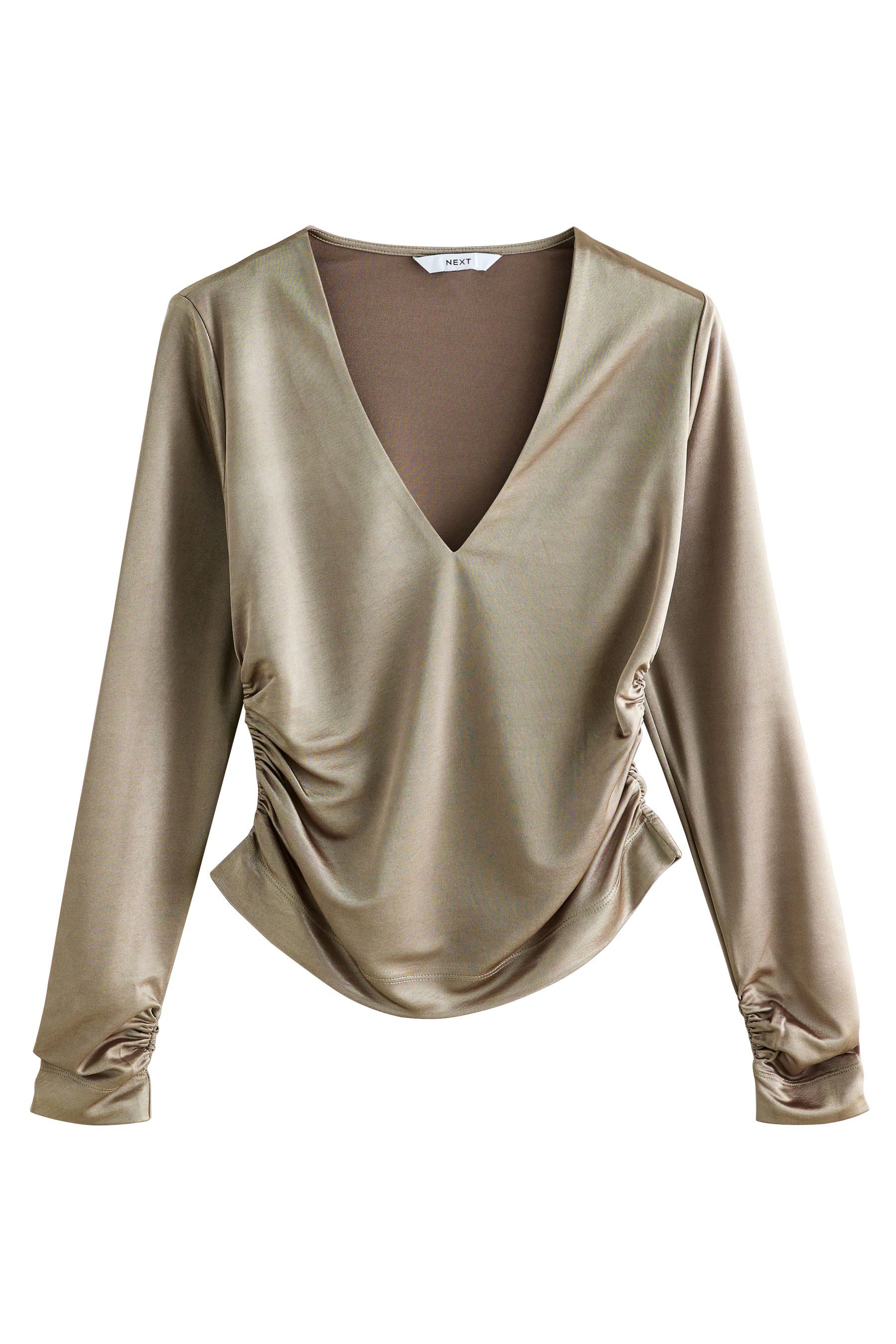 Next Langarmbluse Langarm-Oberteil mit V-Ausschnitt aus Jersey-Satin (1-tlg günstig online kaufen